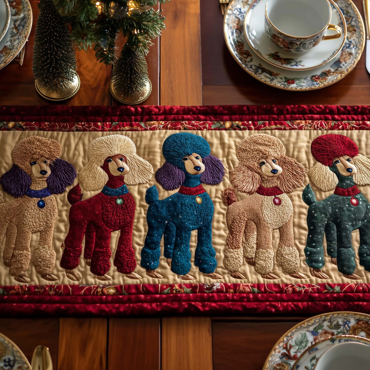 Poodles with Collars in Red and Blue Table Runner