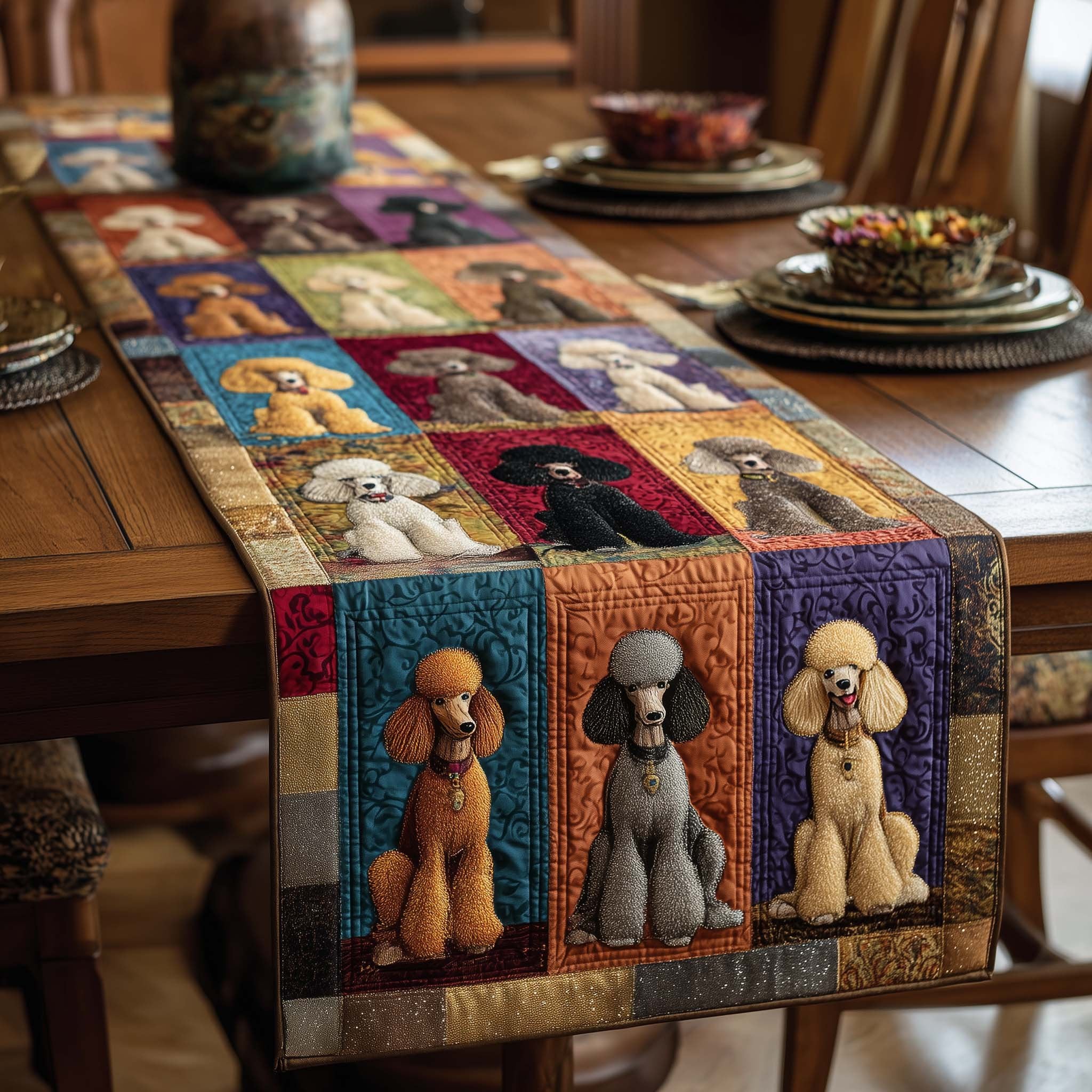 Poodles in Amber and Violet Blocks Table Runner