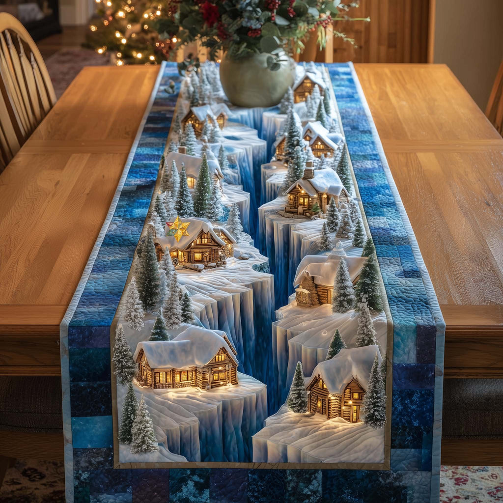 Lit Cabins in a Blue Snowscape Table Runner
