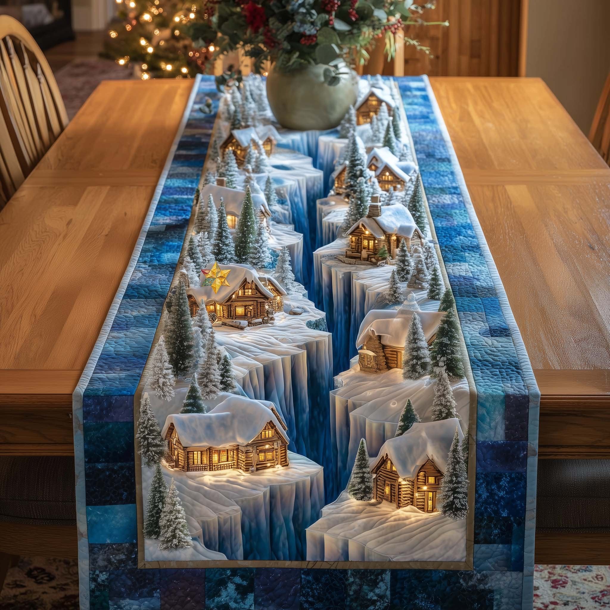 Lit Cabins in a Blue Snowscape Table Runner