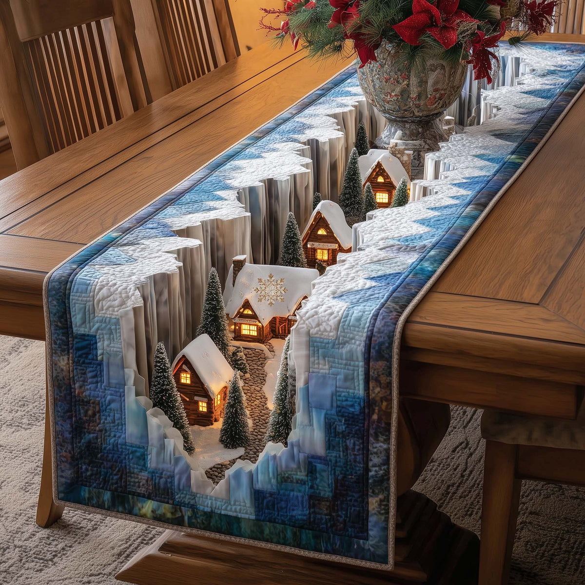 Snowy Houses Along a Frozen River Table Runner