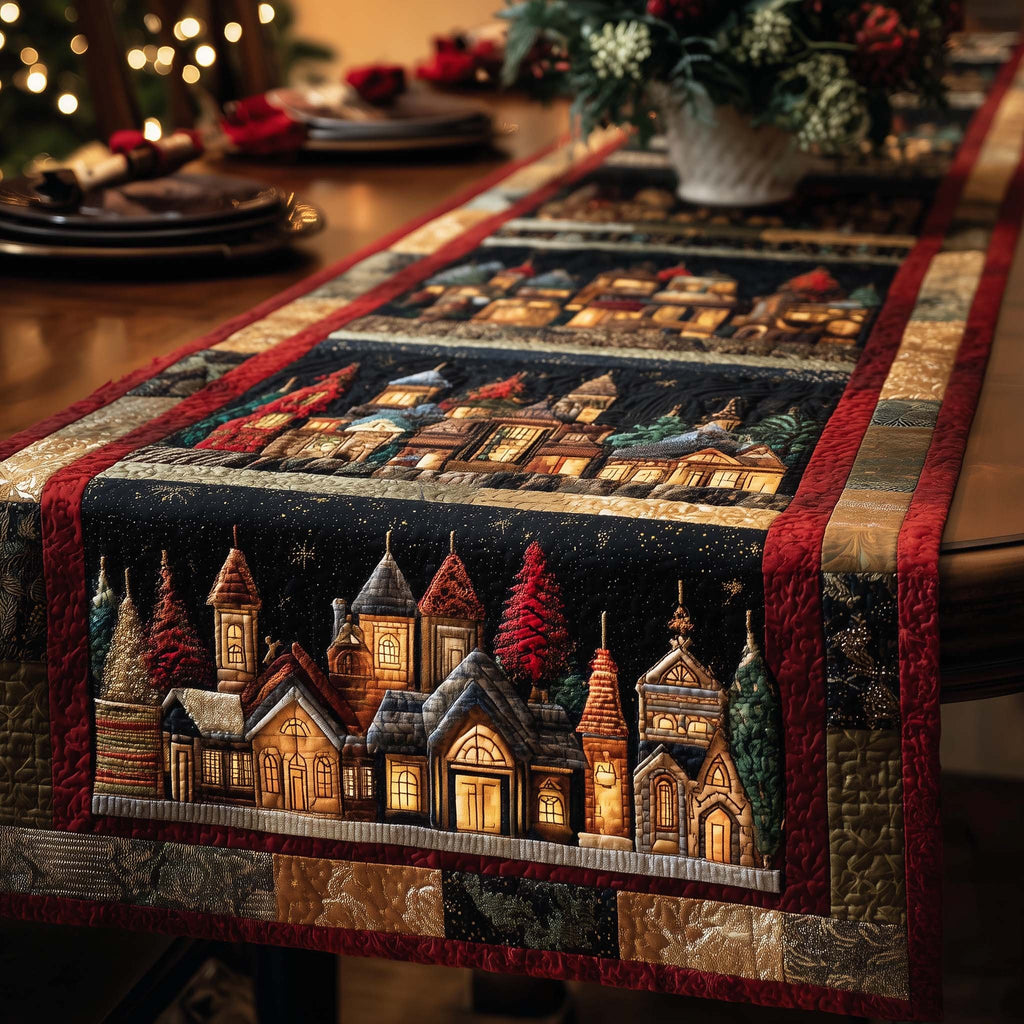 Night Village with Lit Windows Table Runner