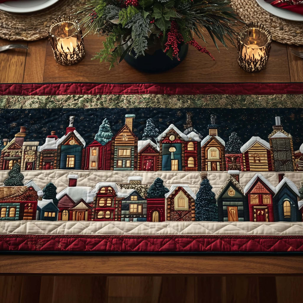 Row of Snowy Village Houses Table Runner