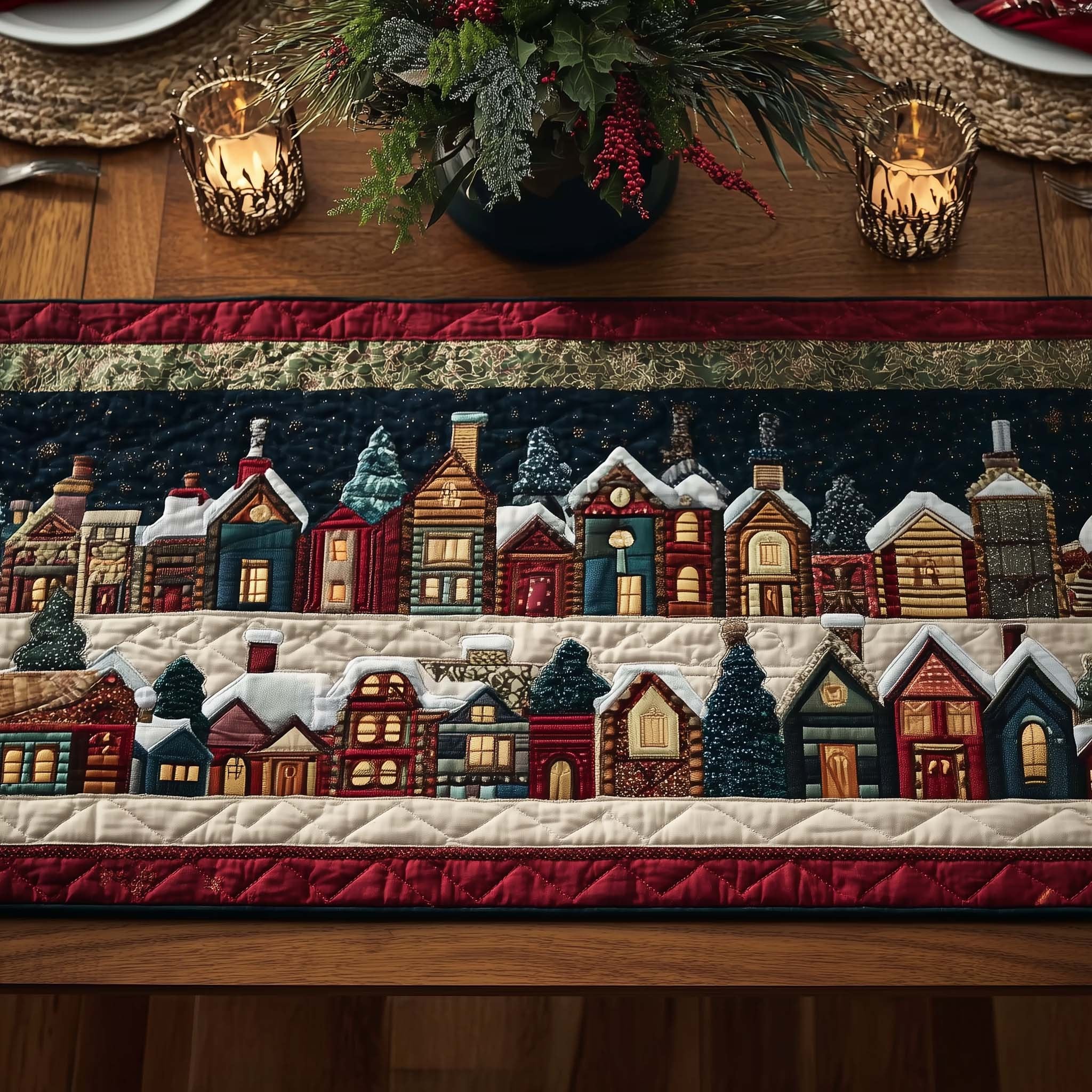 Row of Snowy Village Houses Table Runner