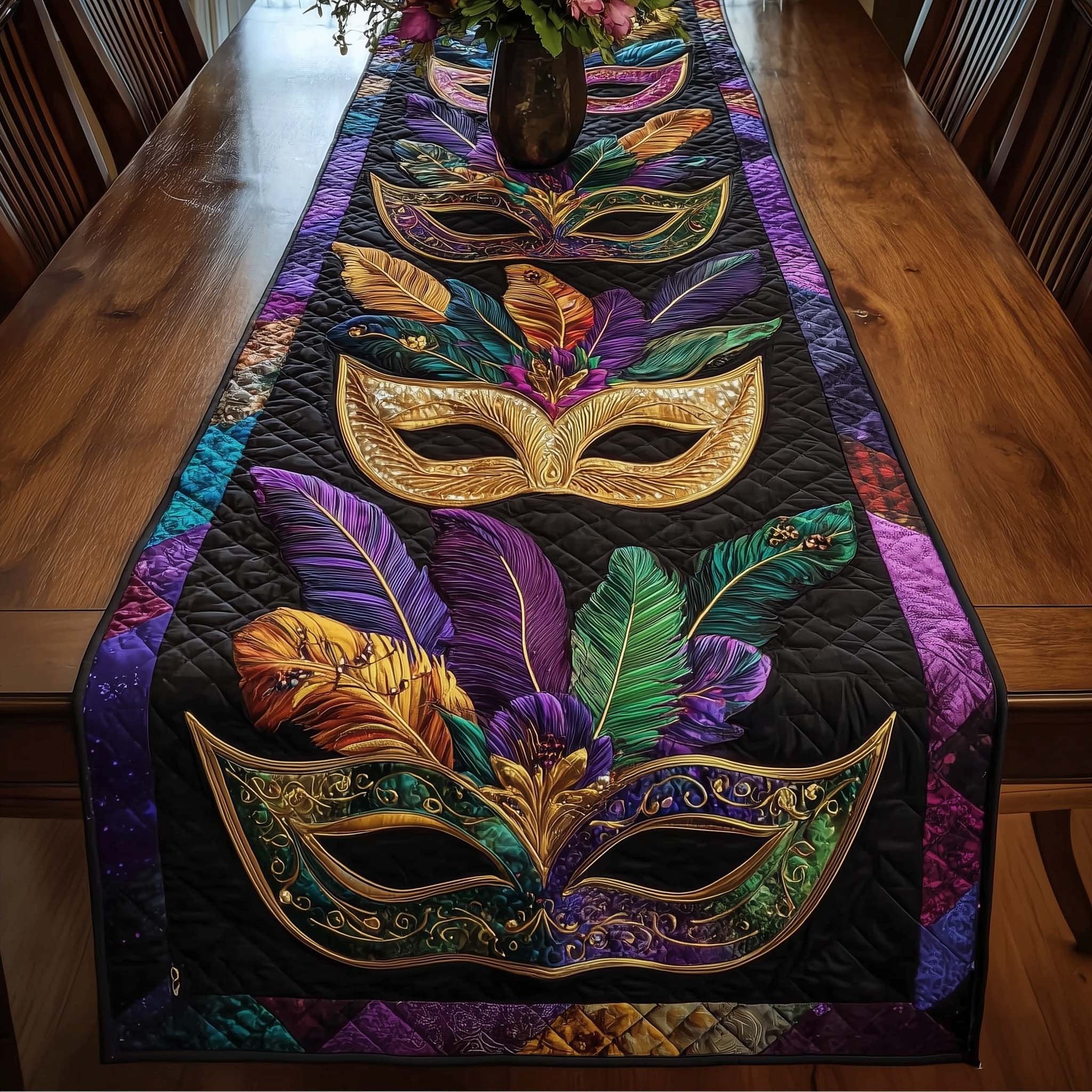Gold Masks on Black Center Table Runner
