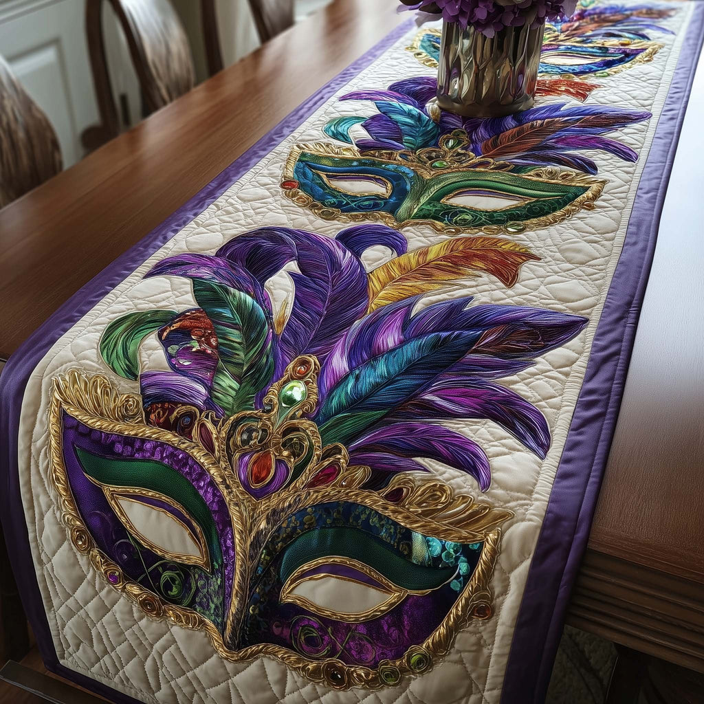Green Mask with Purple Plume Table Runner