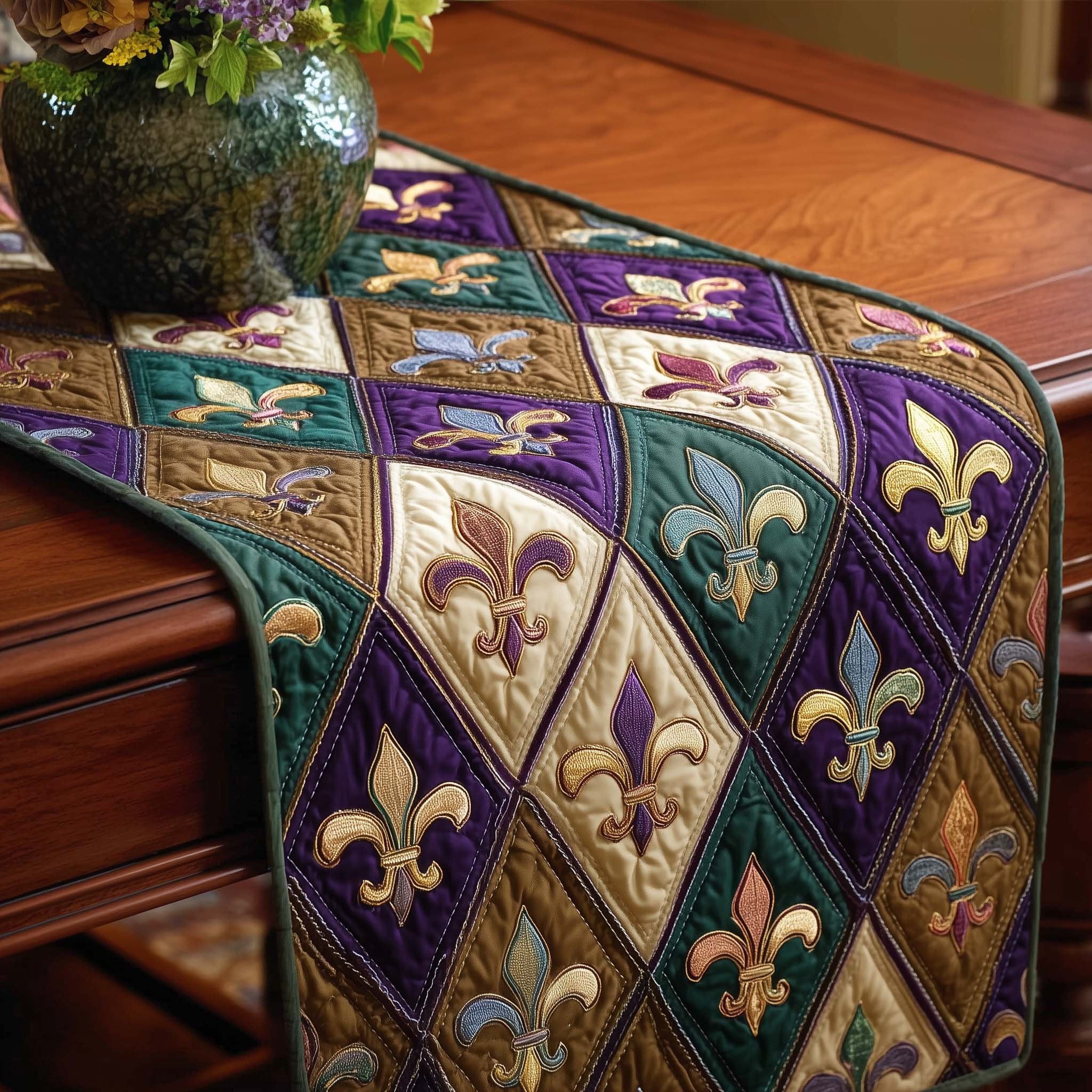 Fleur de Lis in Green Diamonds Table Runner