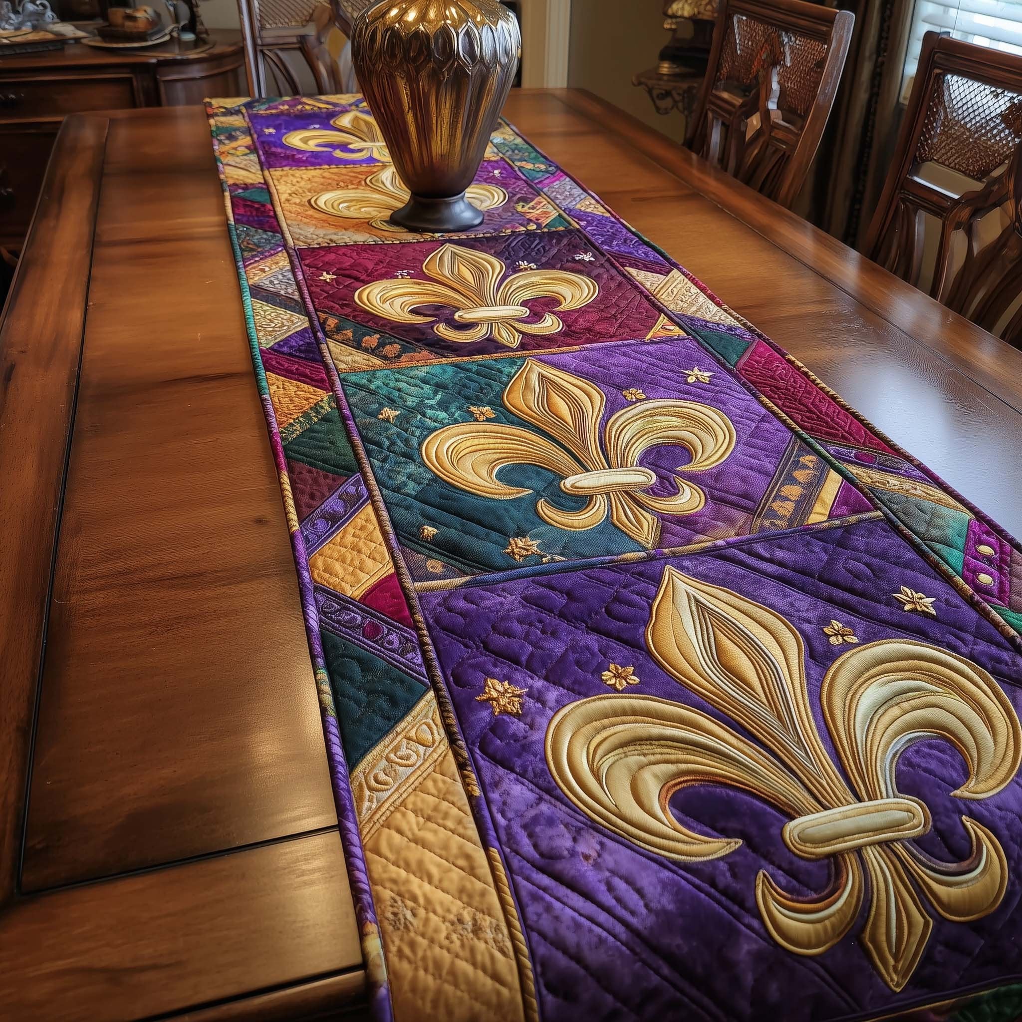 Large Gold Fleur de Lis Panel Table Runner