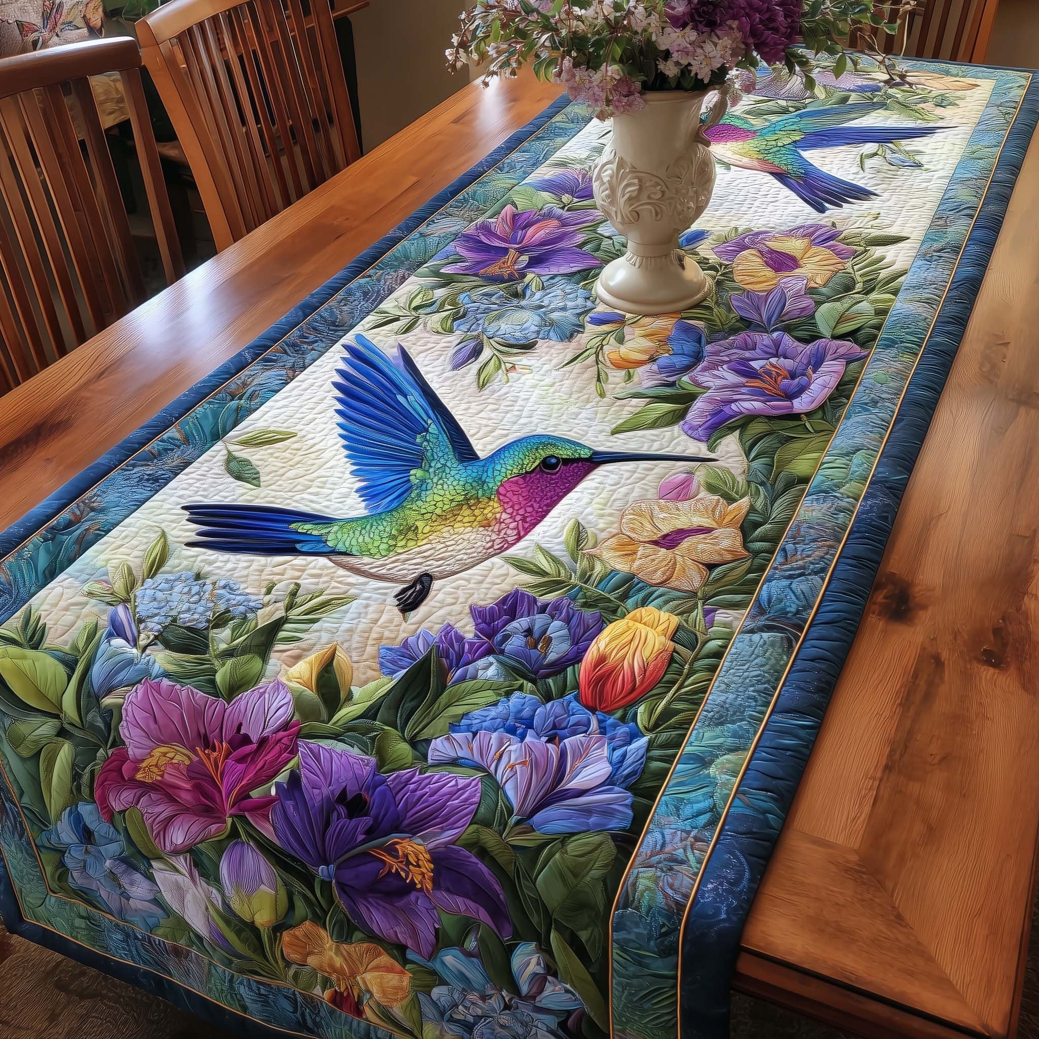 Hummingbird with Purple Crocuses Table Runner
