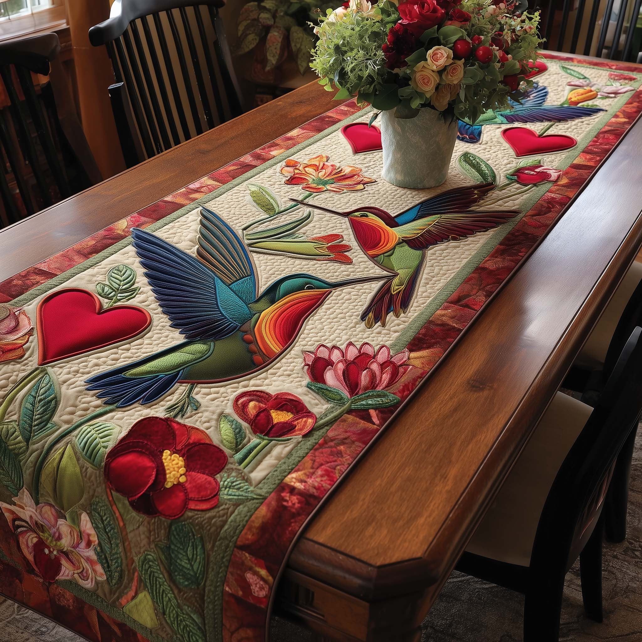 Hummingbirds with Red Blooms and Hearts Table Runner