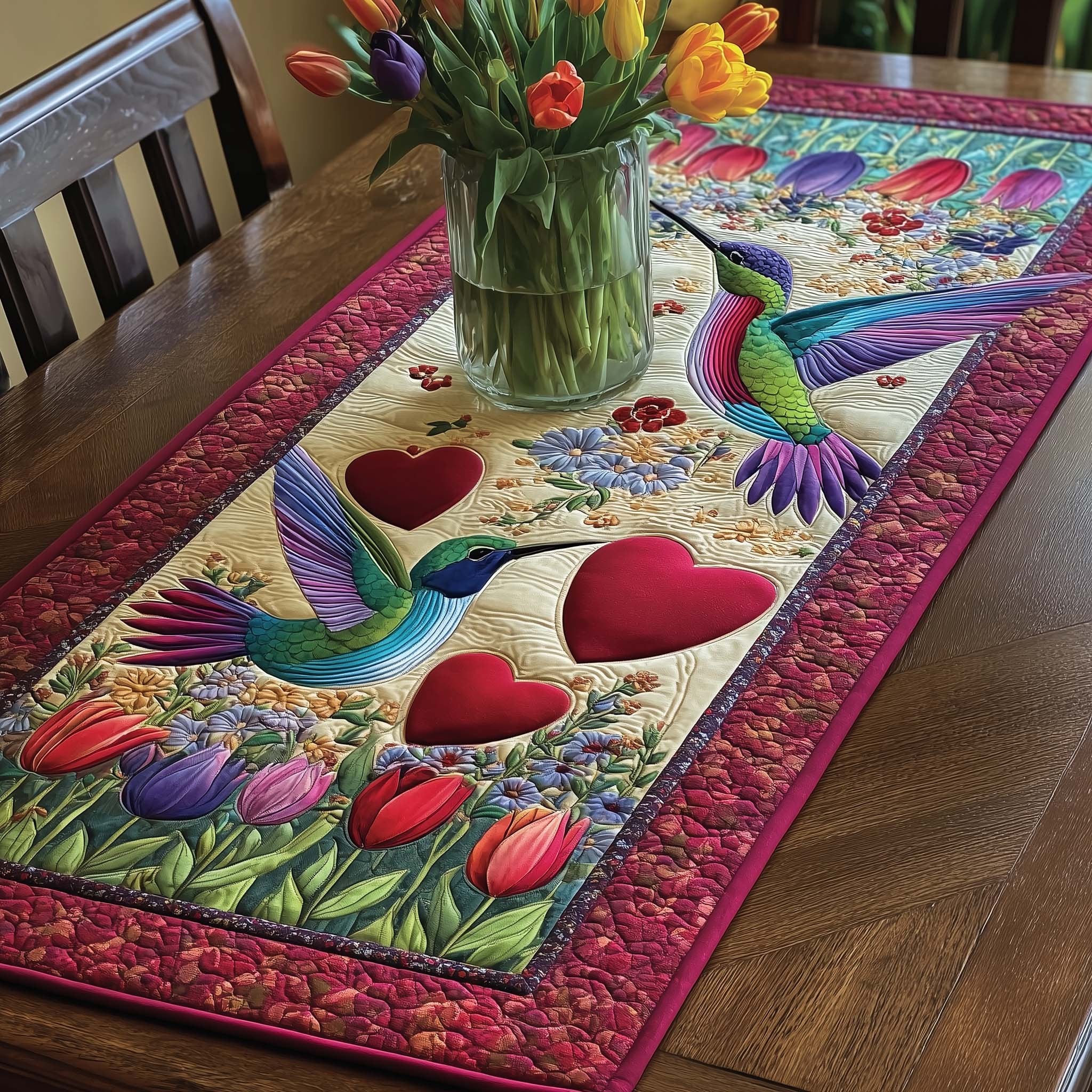 Hummingbirds with Hearts and Tulips Table Runner