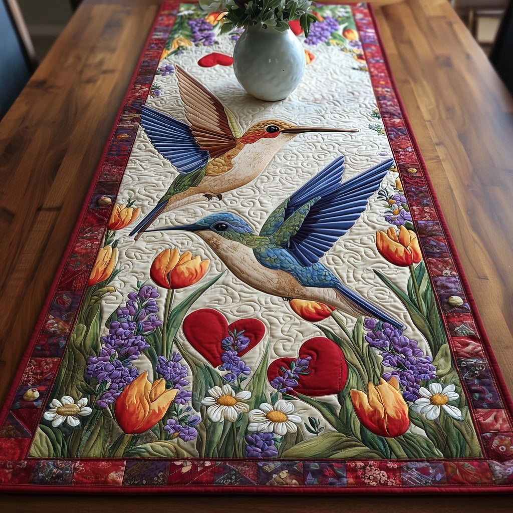Hummingbird Above Red Tulips Table Runner