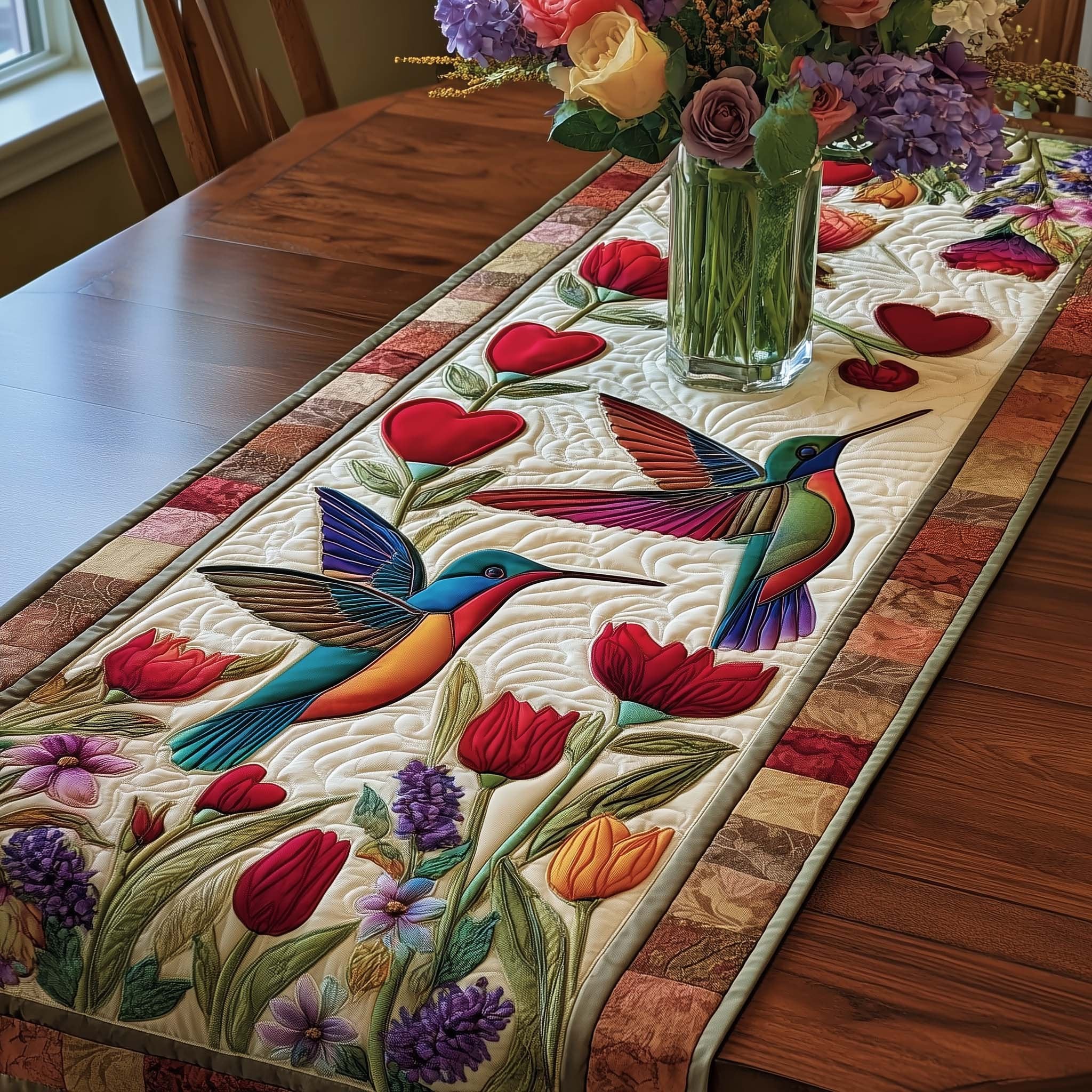 Hummingbirds Among Spring Tulips Table Runner