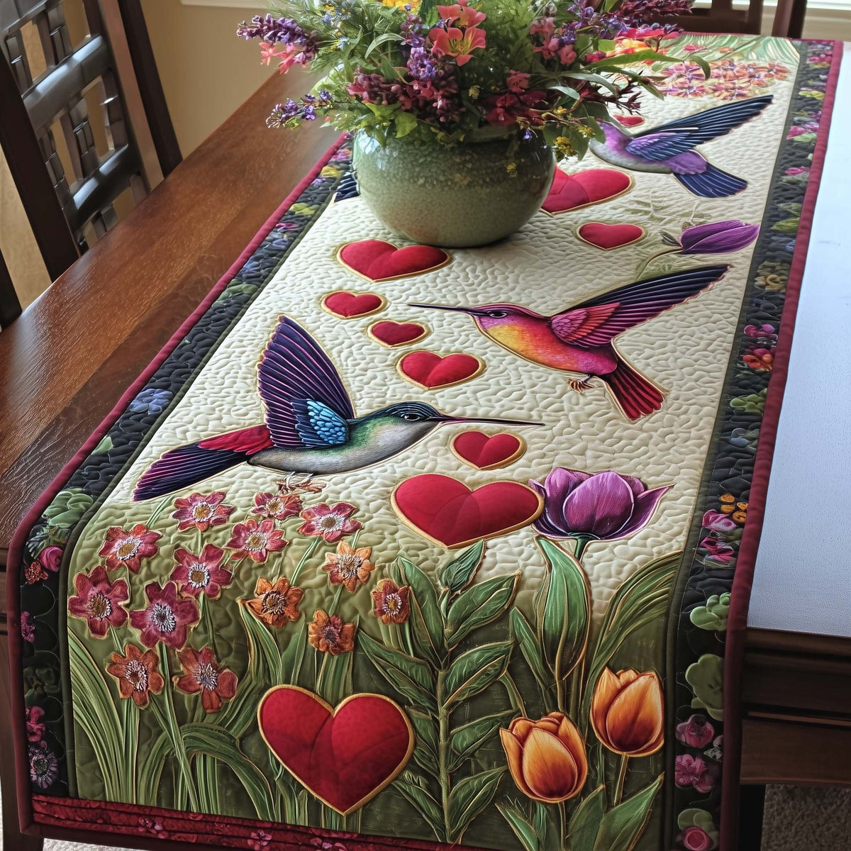 Hummingbird with Falling Red Hearts Table Runner