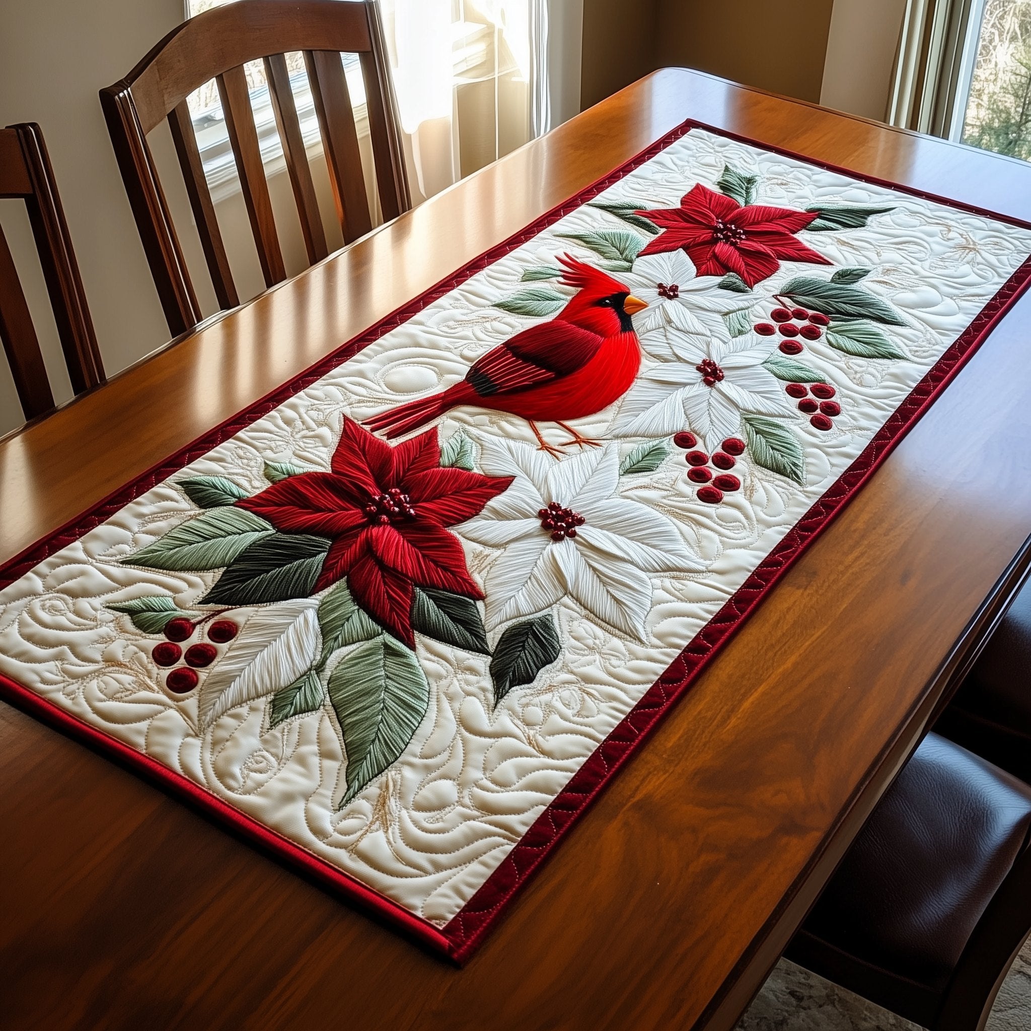 Cardinal with Poinsettia and Berries Table Runner