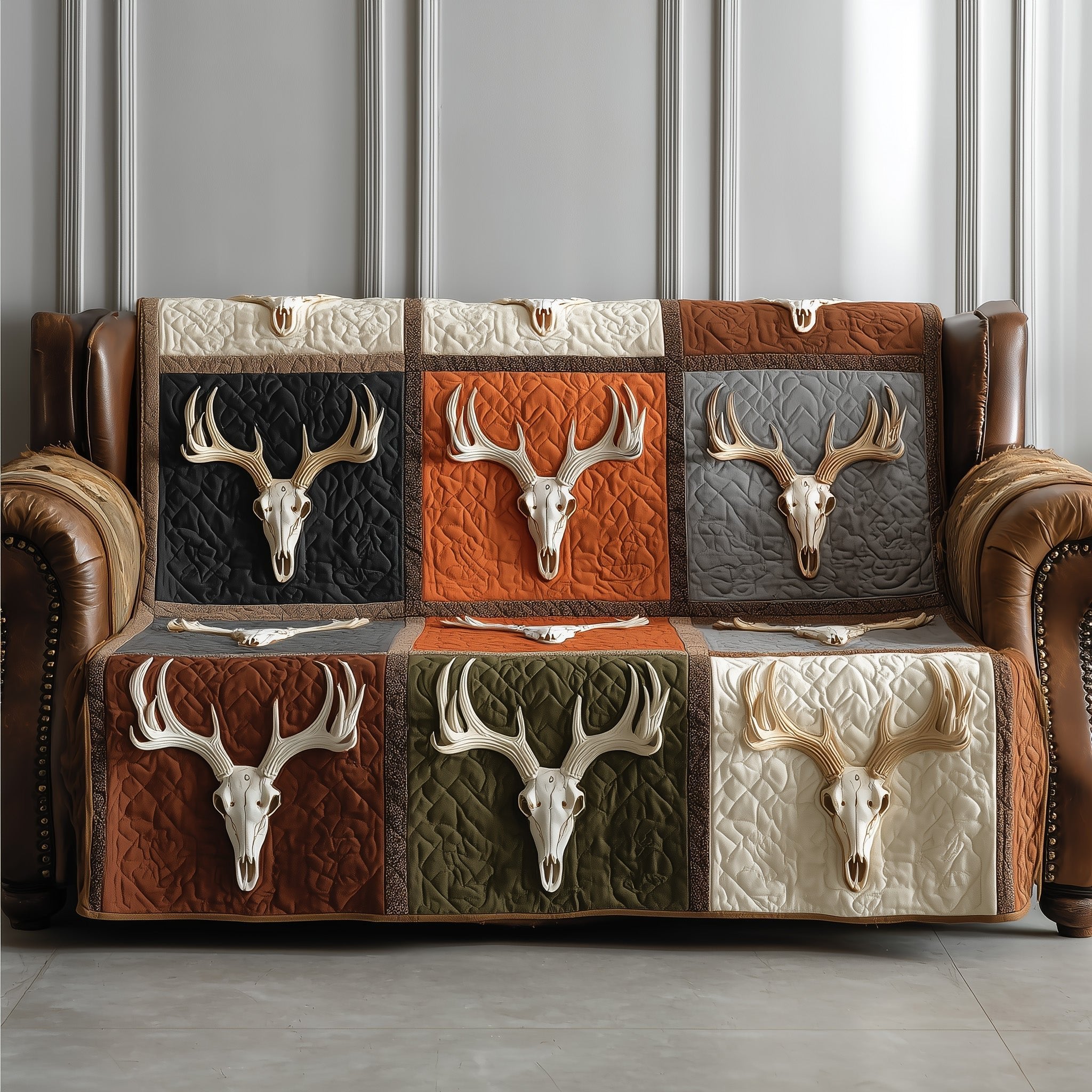 Deer Skulls on Rust and Grey Patches Sofa Cover