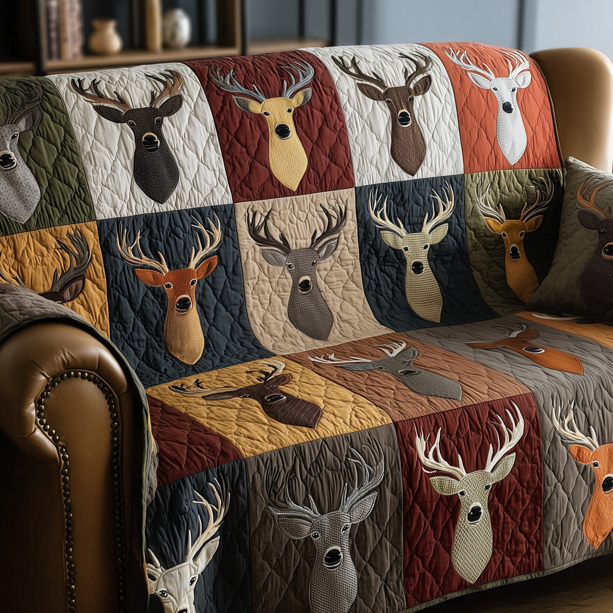 Deer Heads on Earth Toned Squares Sofa Cover