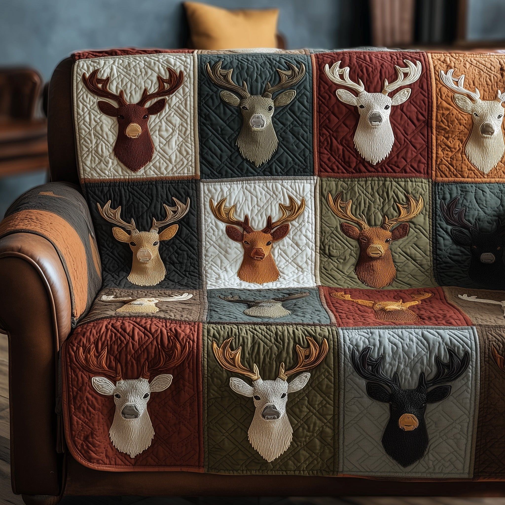 Deer Busts on Grey and Red Patches Sofa Cover