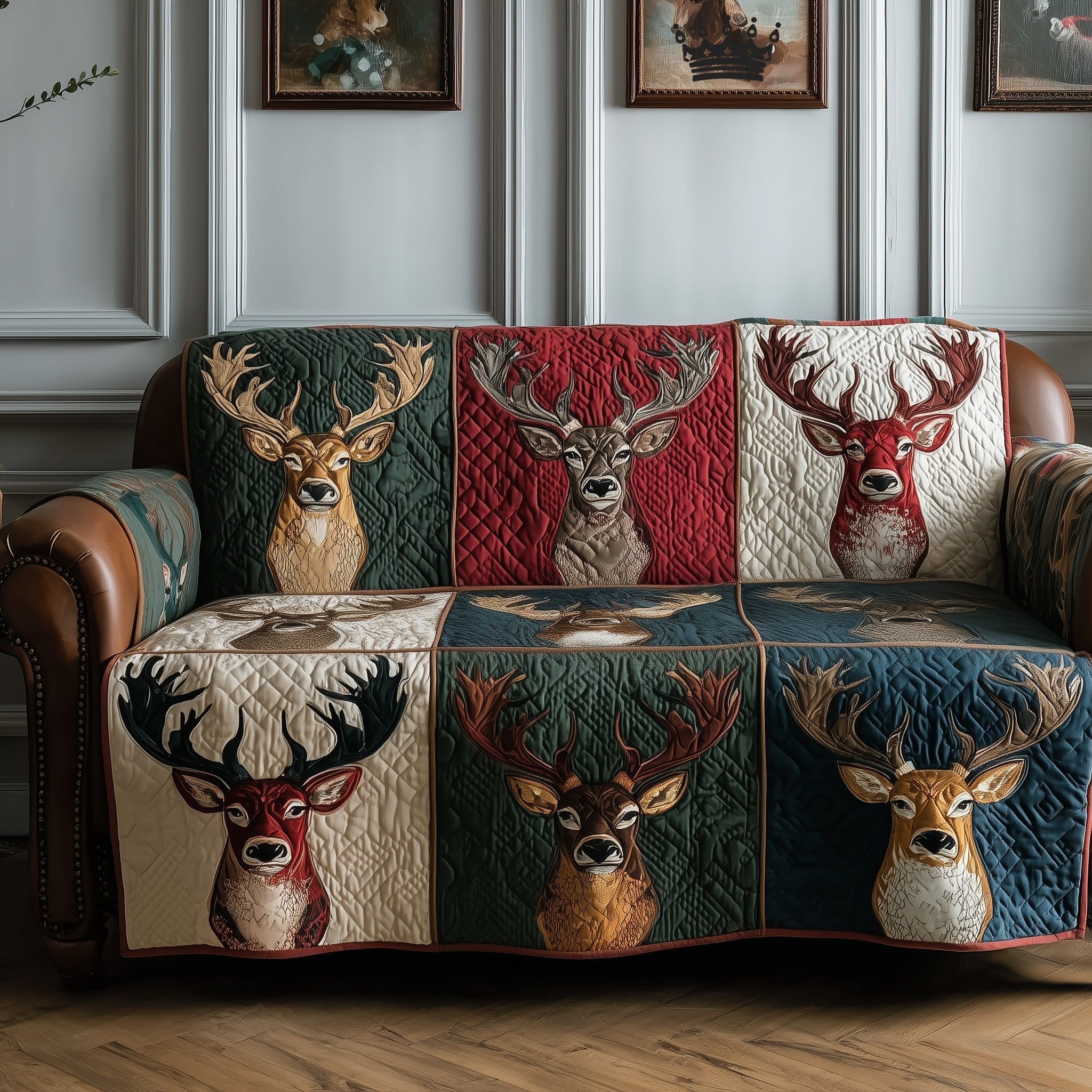 Deer Heads on Green and Cream Patches Sofa Cover