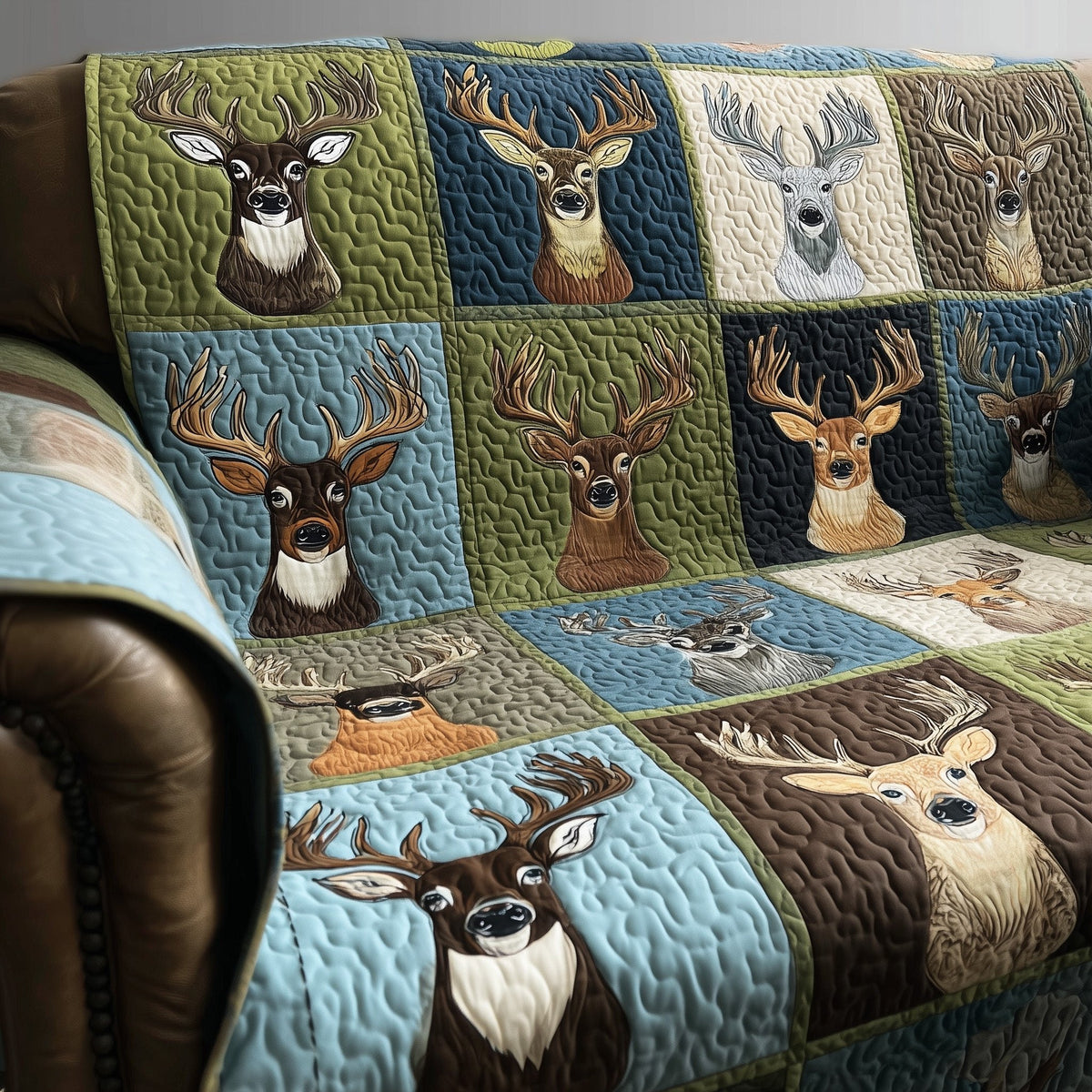 Deer Heads on Blue and Green Squares Sofa Cover