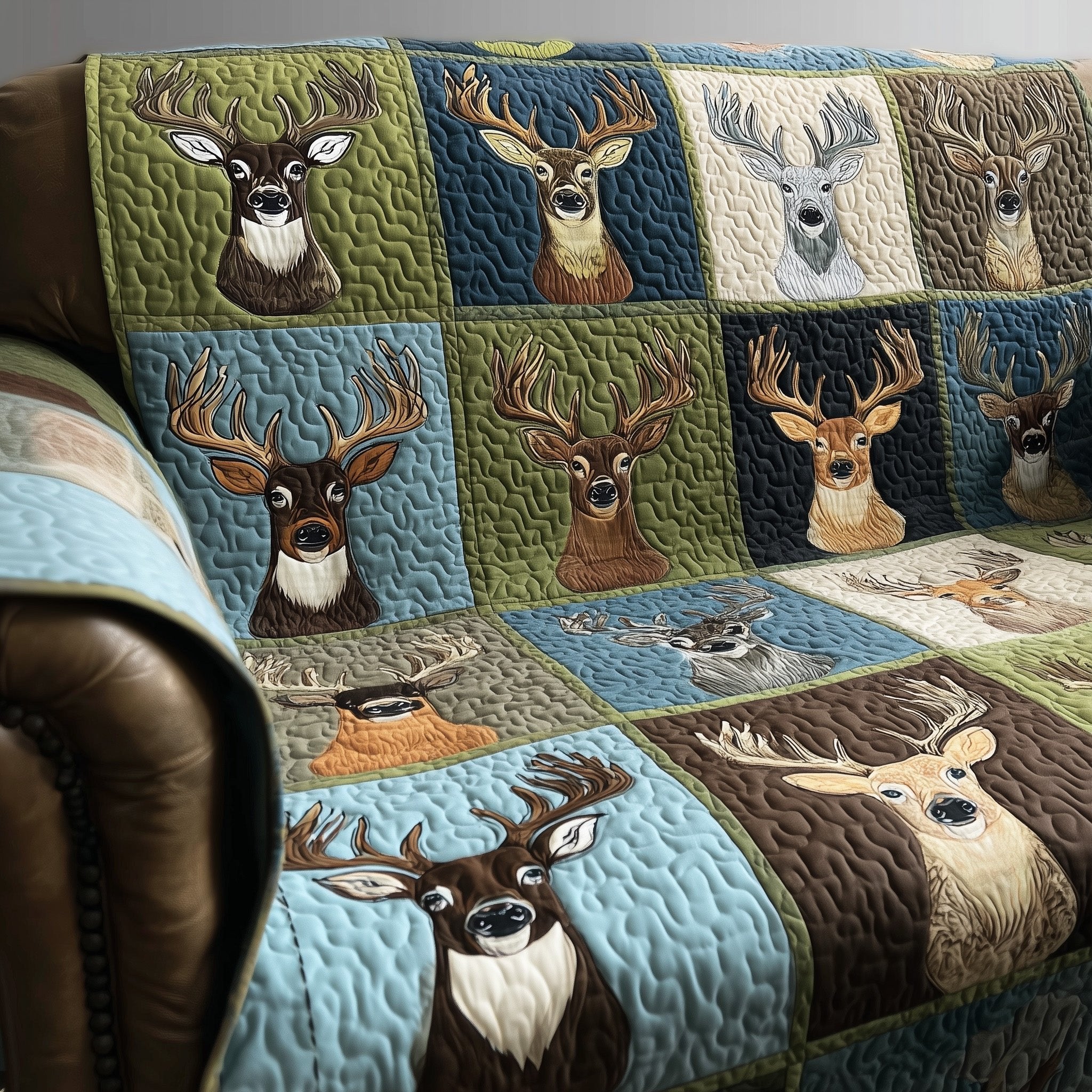 Deer Heads on Blue and Green Squares Sofa Cover