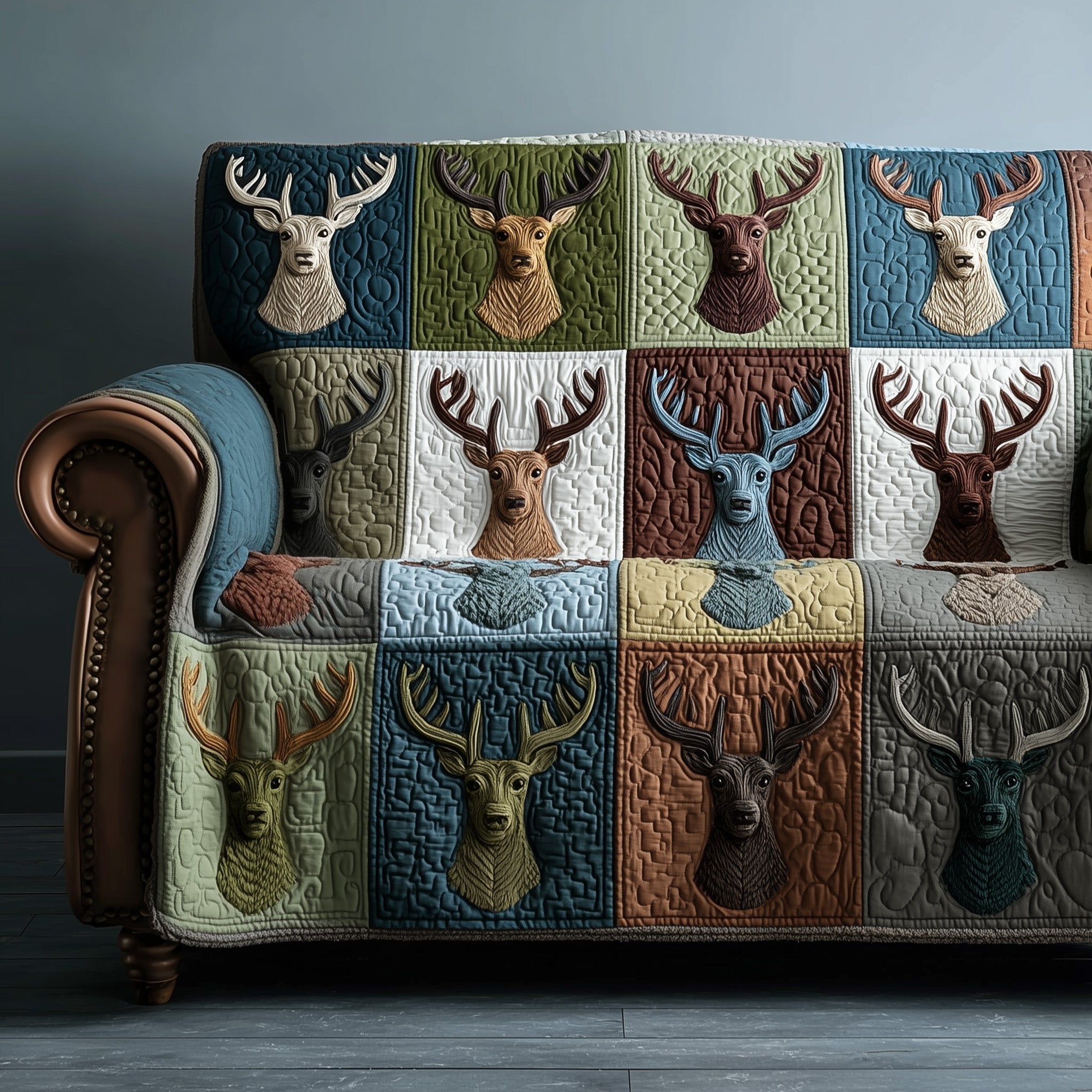 Stag Heads on Blue and Grey Patchwork Sofa Cover