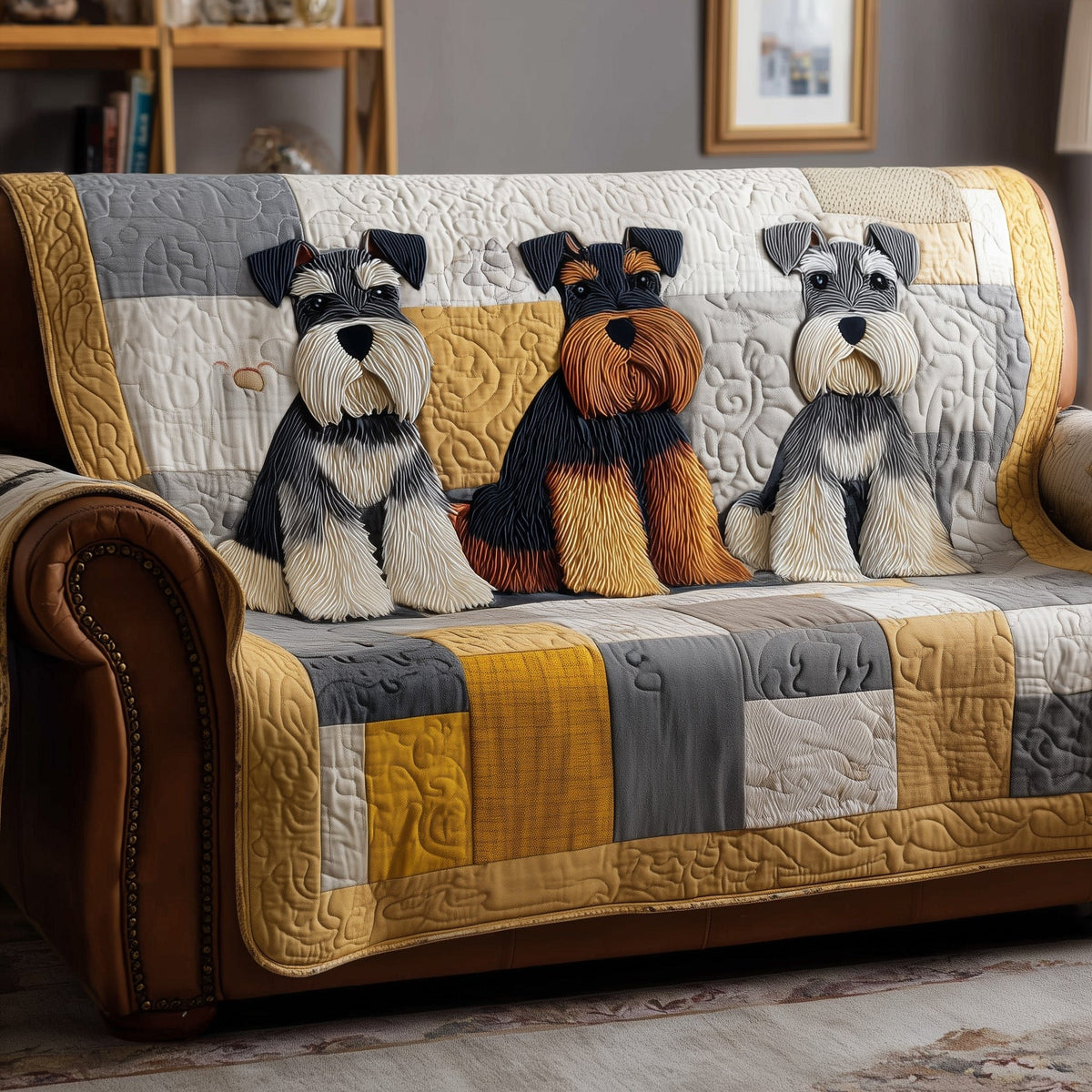 Schnauzers on Grey and Yellow Patches Sofa Cover