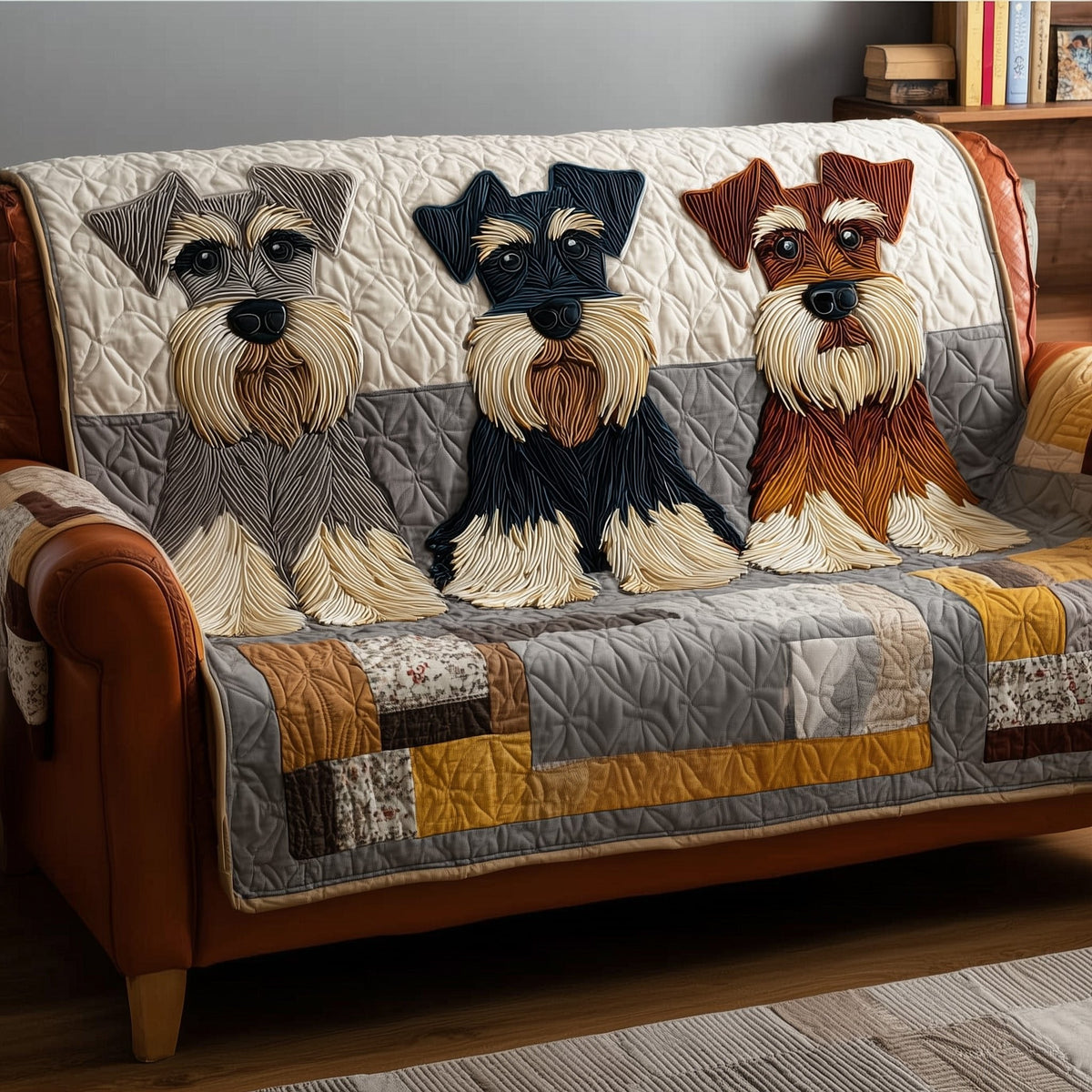 Schnauzers Standing on Grey Quilt Sofa Cover