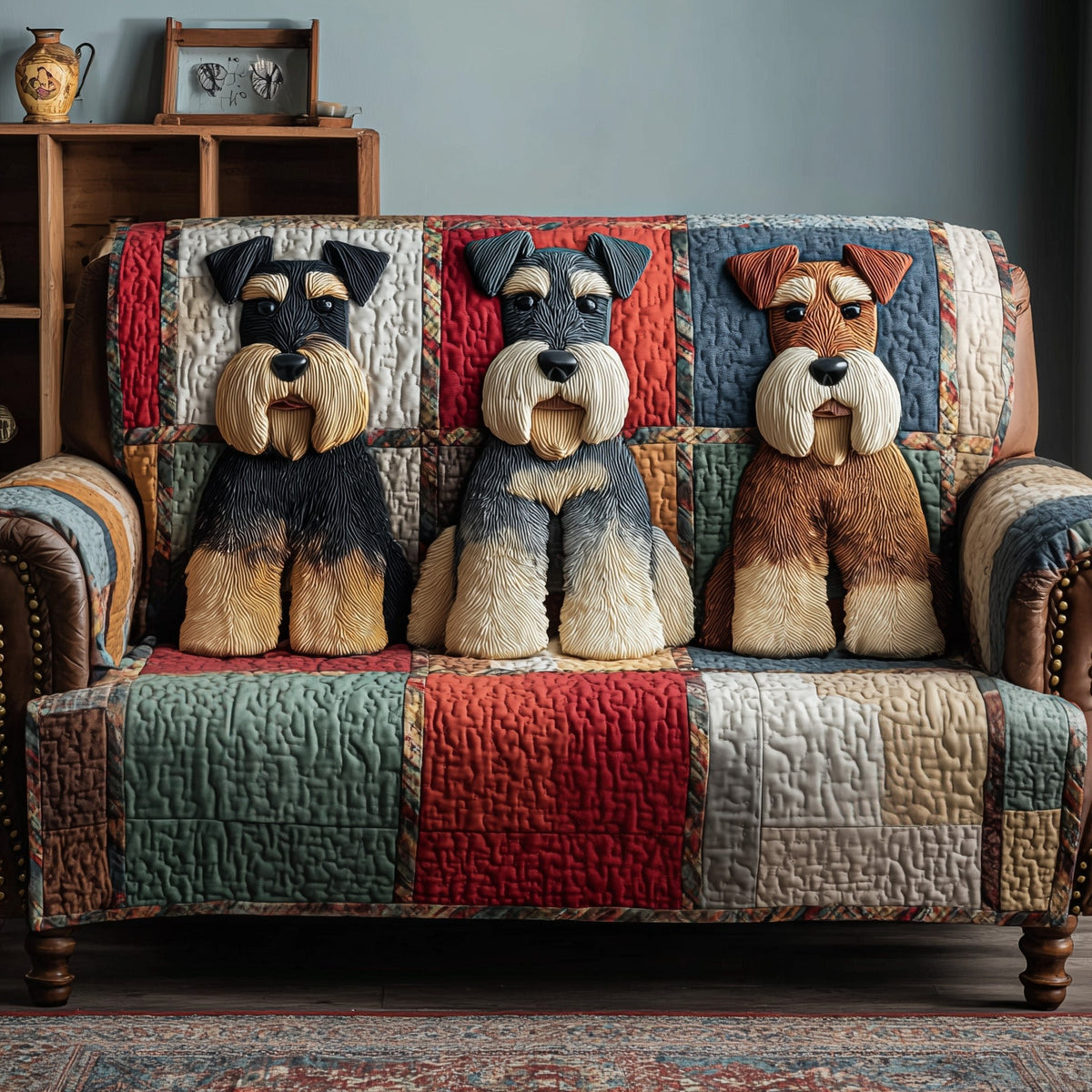 Schnauzers on Red and Blue Patches Sofa Cover