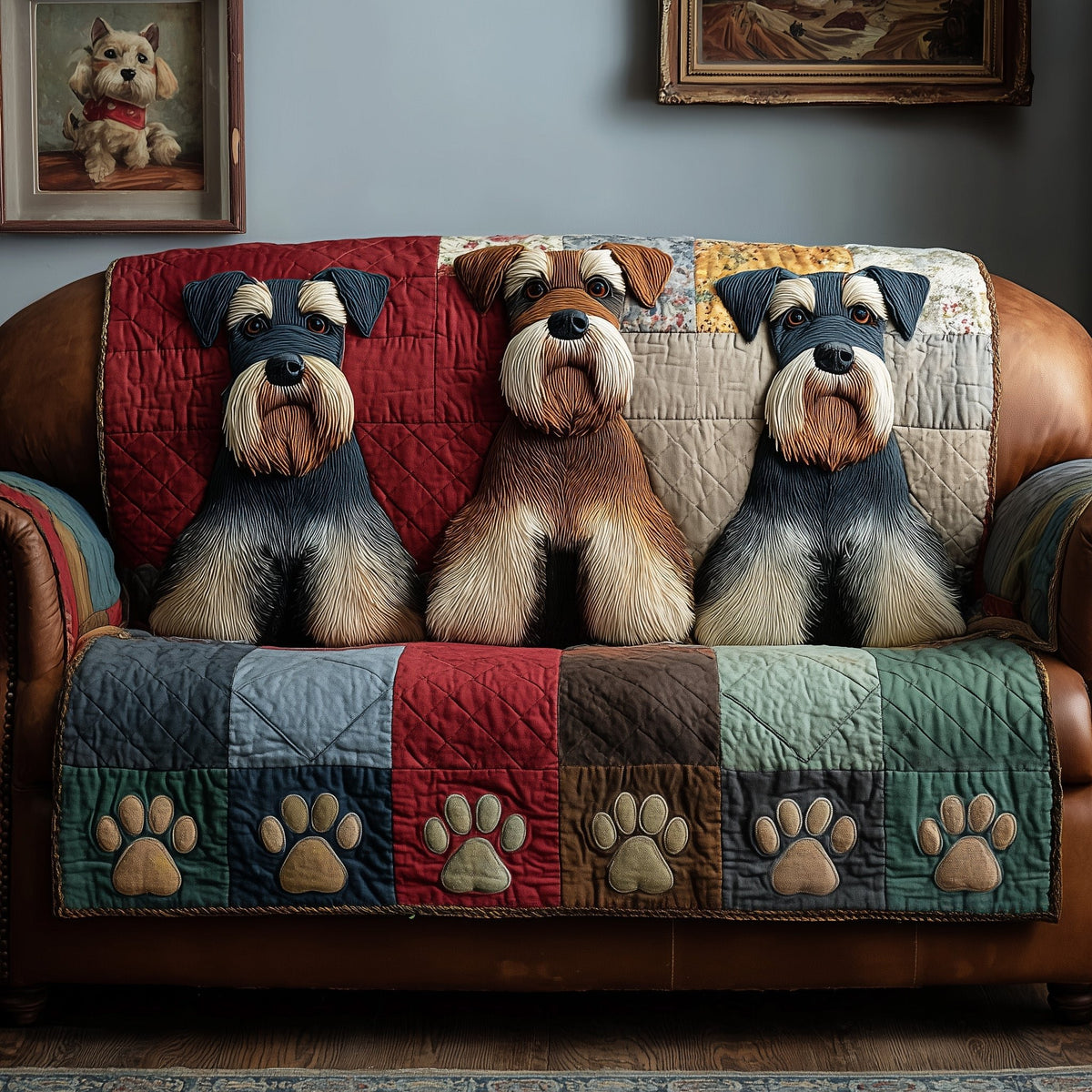 Schnauzers Above a Paw Print Border Sofa Cover