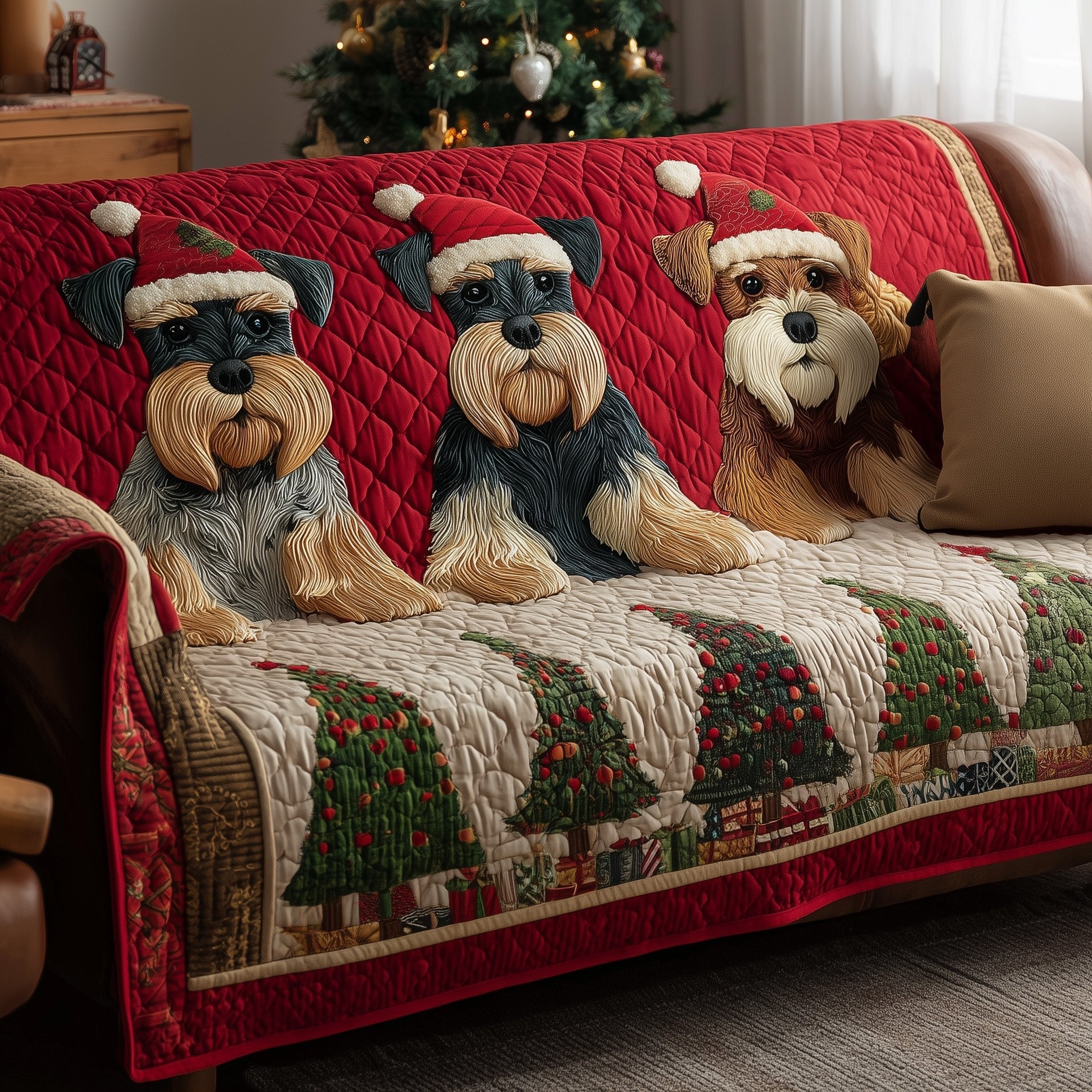 Terriers on Red with Christmas Trees Sofa Cover