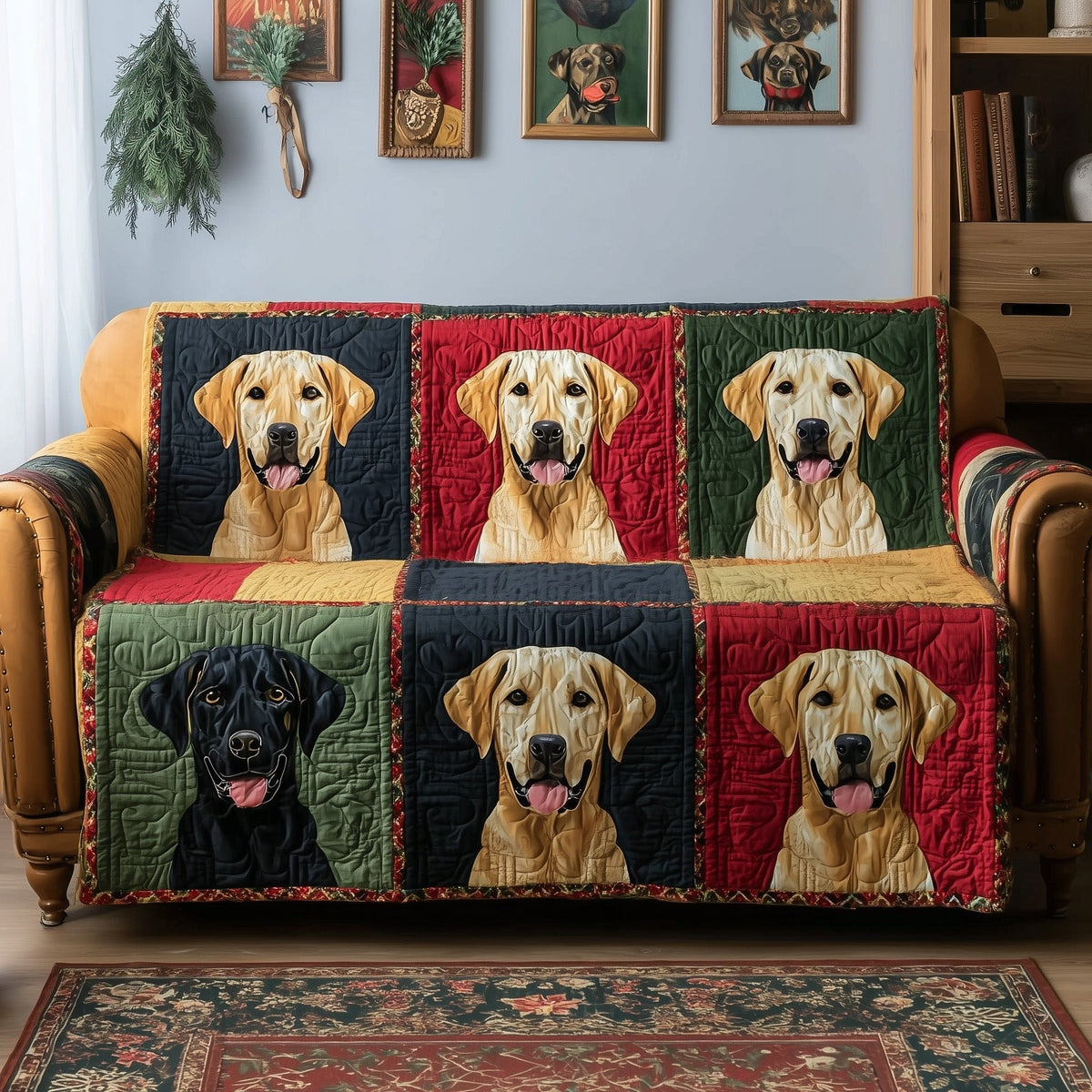 Labrador Faces on Red and Green Sofa Cover