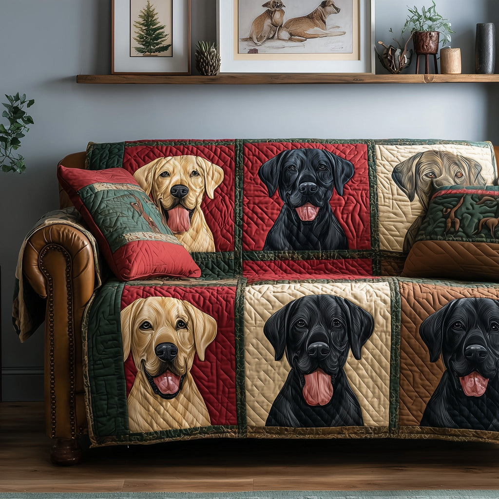 Black and Yellow Labradors on Red Sofa Cover