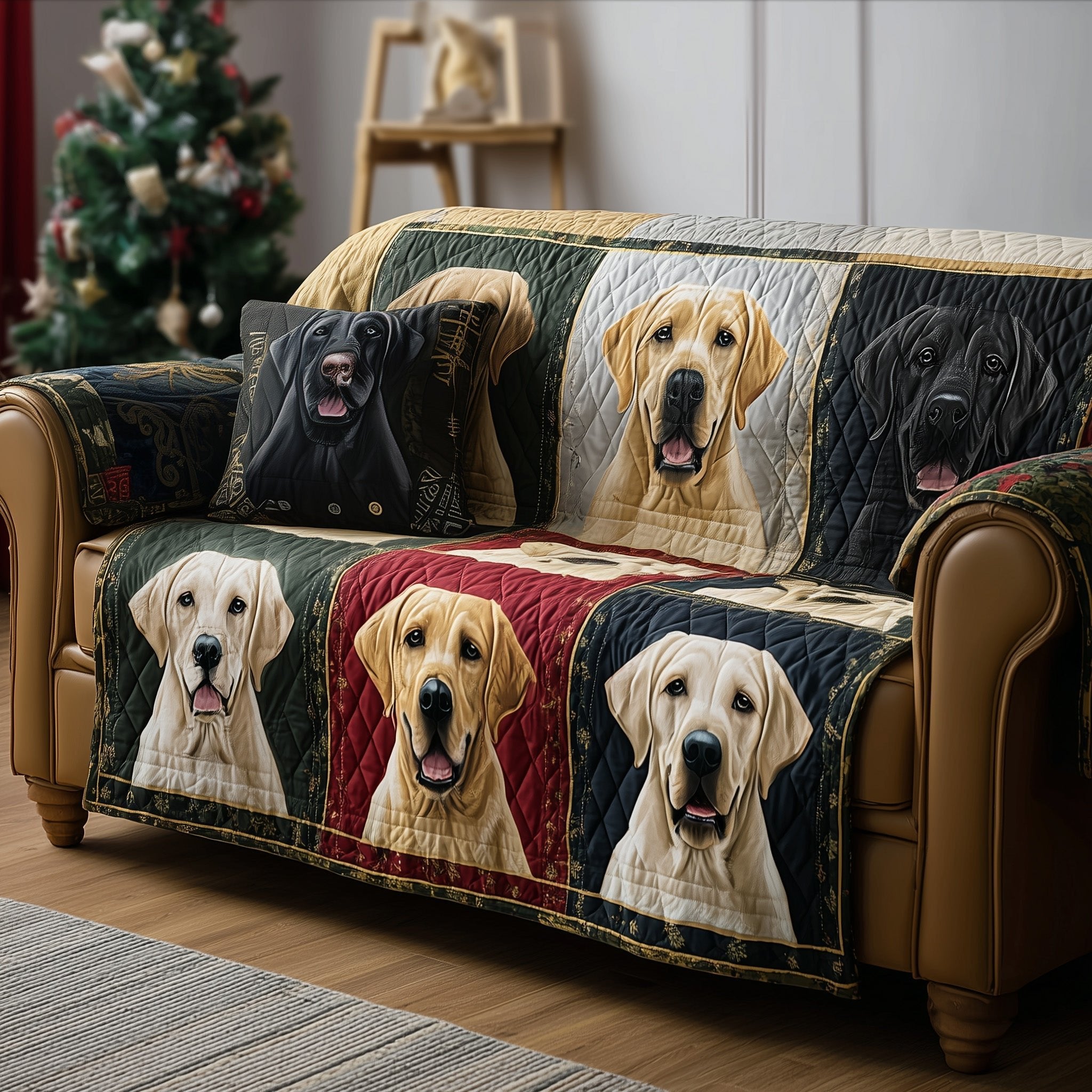 Labrador Faces on Dark Green Patches Sofa Cover