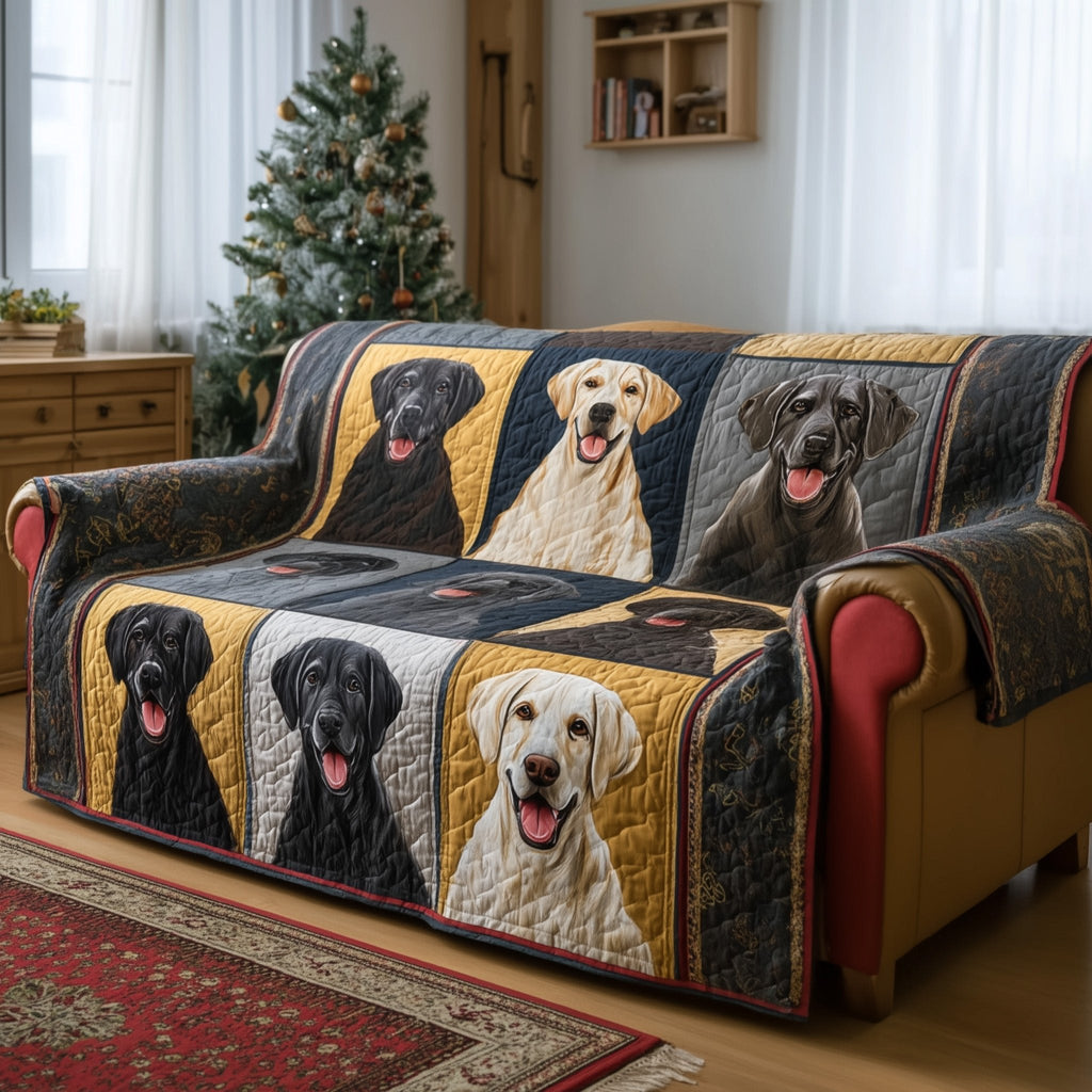 Labradors on Navy and Gold Squares Sofa Cover