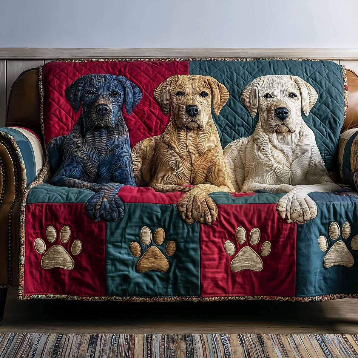 Labradors Above Paw Print Border Sofa Cover