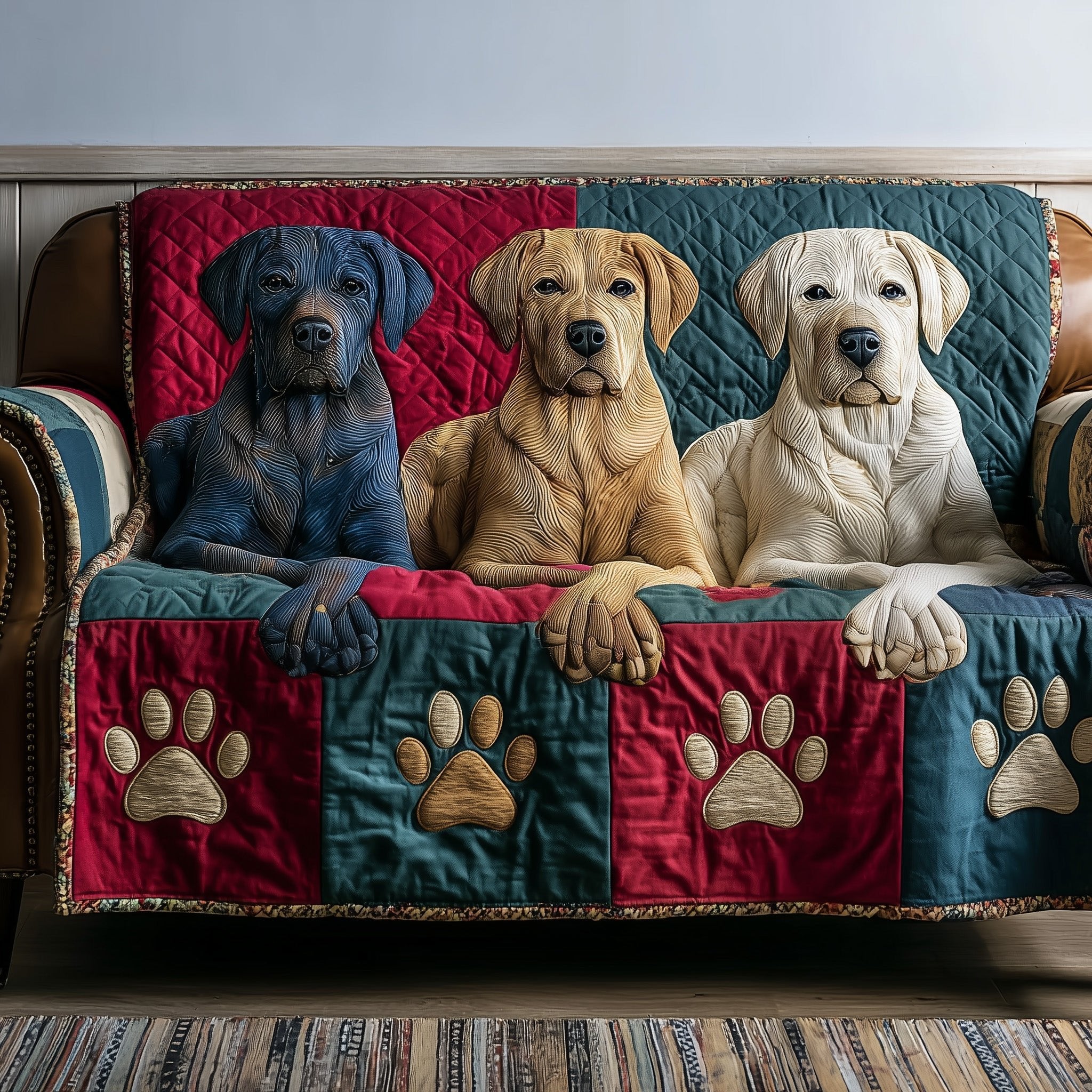 Labradors Above Paw Print Border Sofa Cover