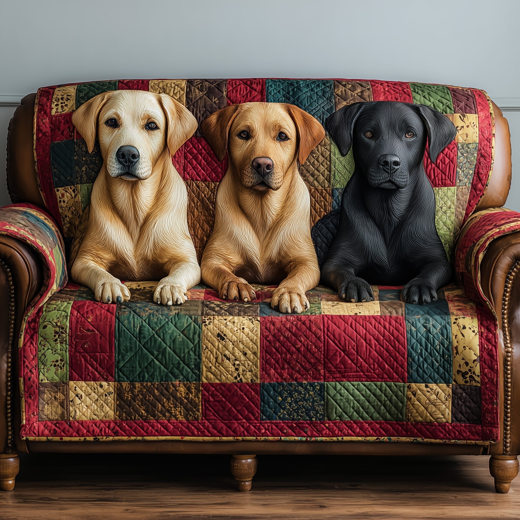 Labradors on Red and Green Checks Sofa Cover