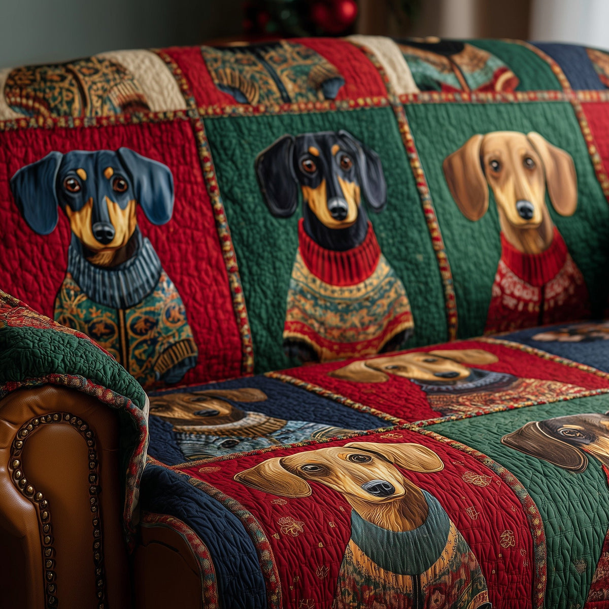 Dachshunds in Sweaters on Red Patchwork Sofa Cover
