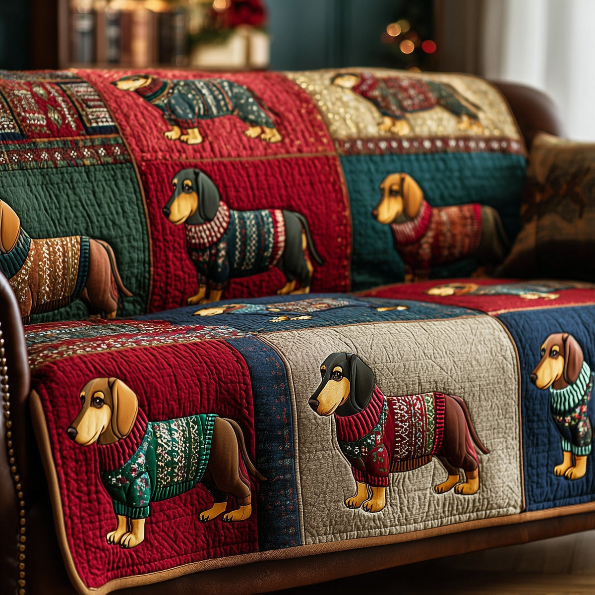 Dachshunds in Knit Sweaters on Cream Sofa Cover