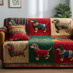 Dachshunds in Sweaters on Green Patches Sofa Cover