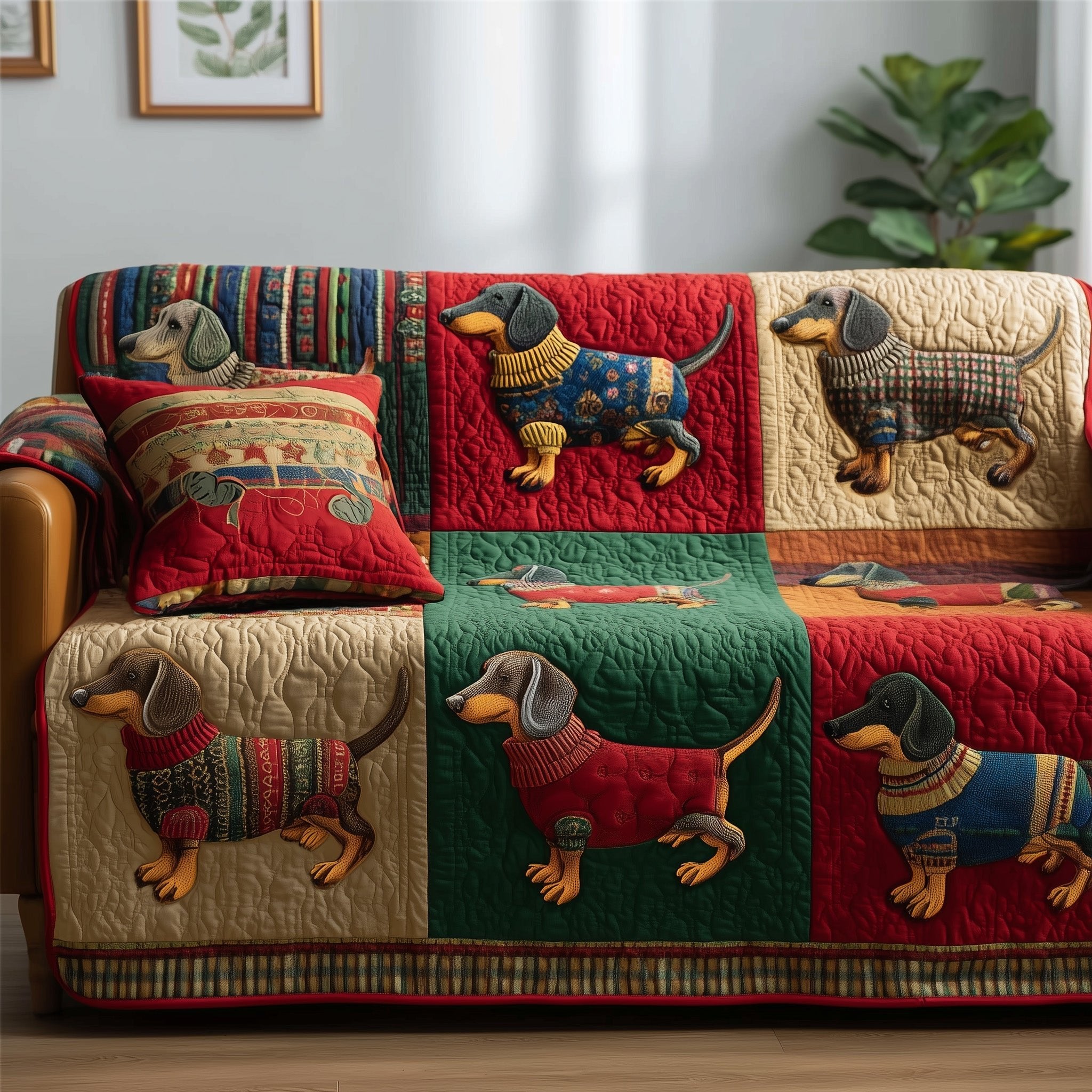 Dachshunds in Sweaters on Green Patches Sofa Cover