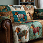 Dachshund in a Red Sweater on Tan Sofa Cover