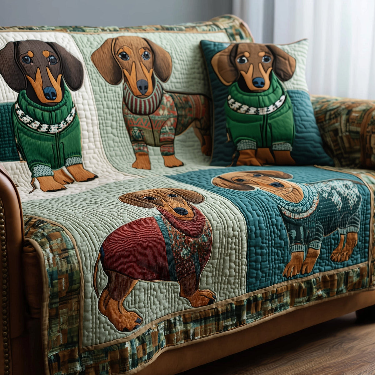 Dachshund in Red Sweater on Mint Sofa Cover
