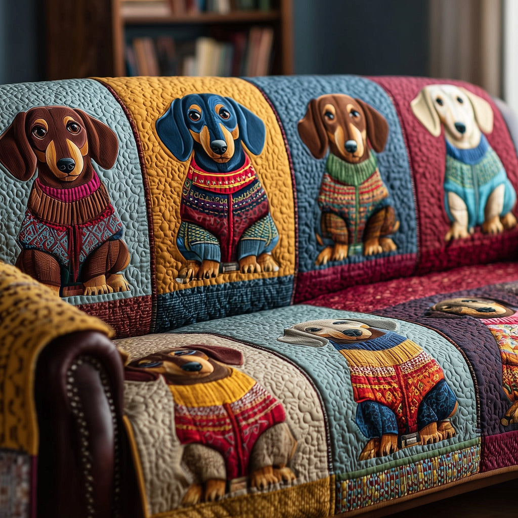 Dachshunds in Sweaters on Blue and Red Sofa Cover