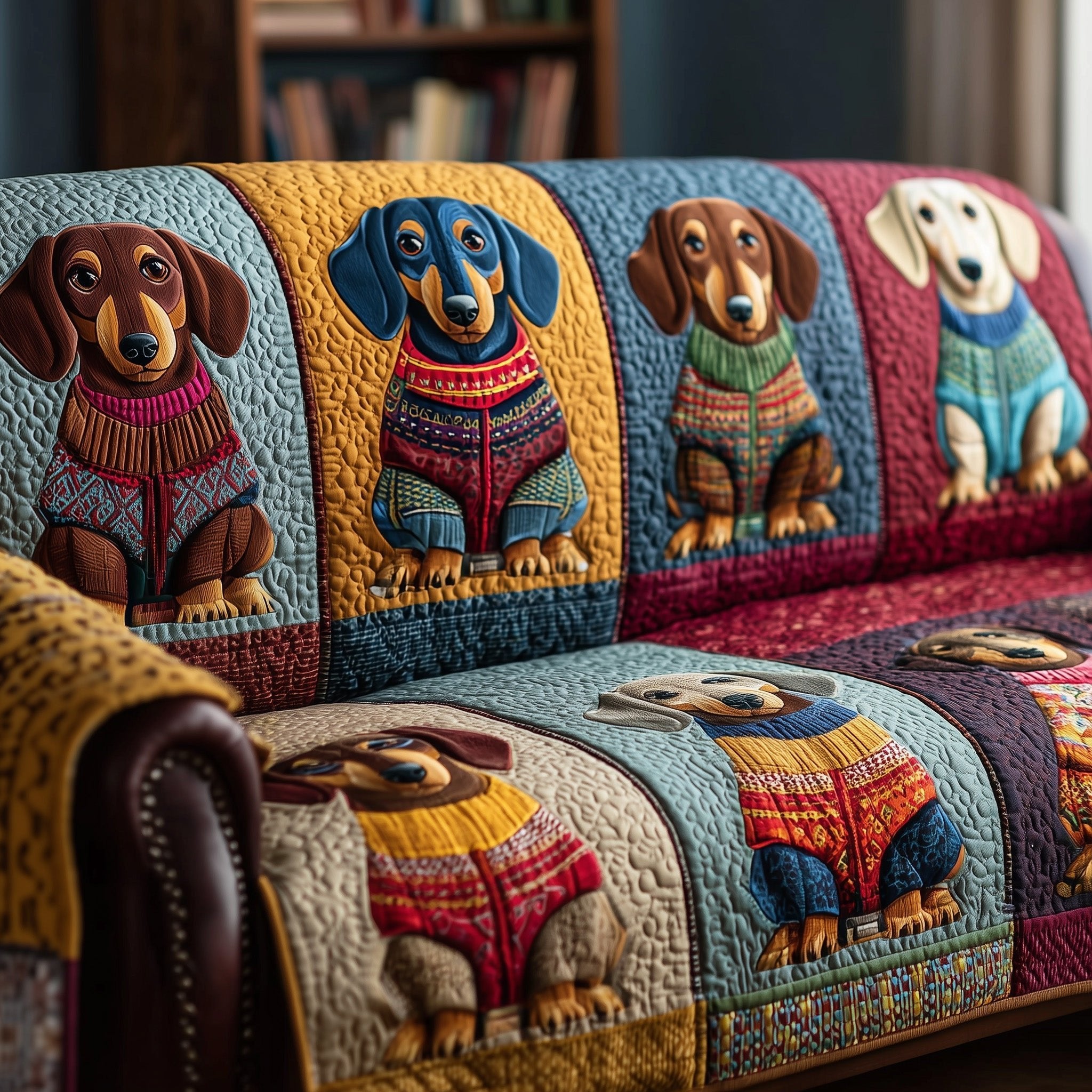 Dachshunds in Sweaters on Blue and Red Sofa Cover