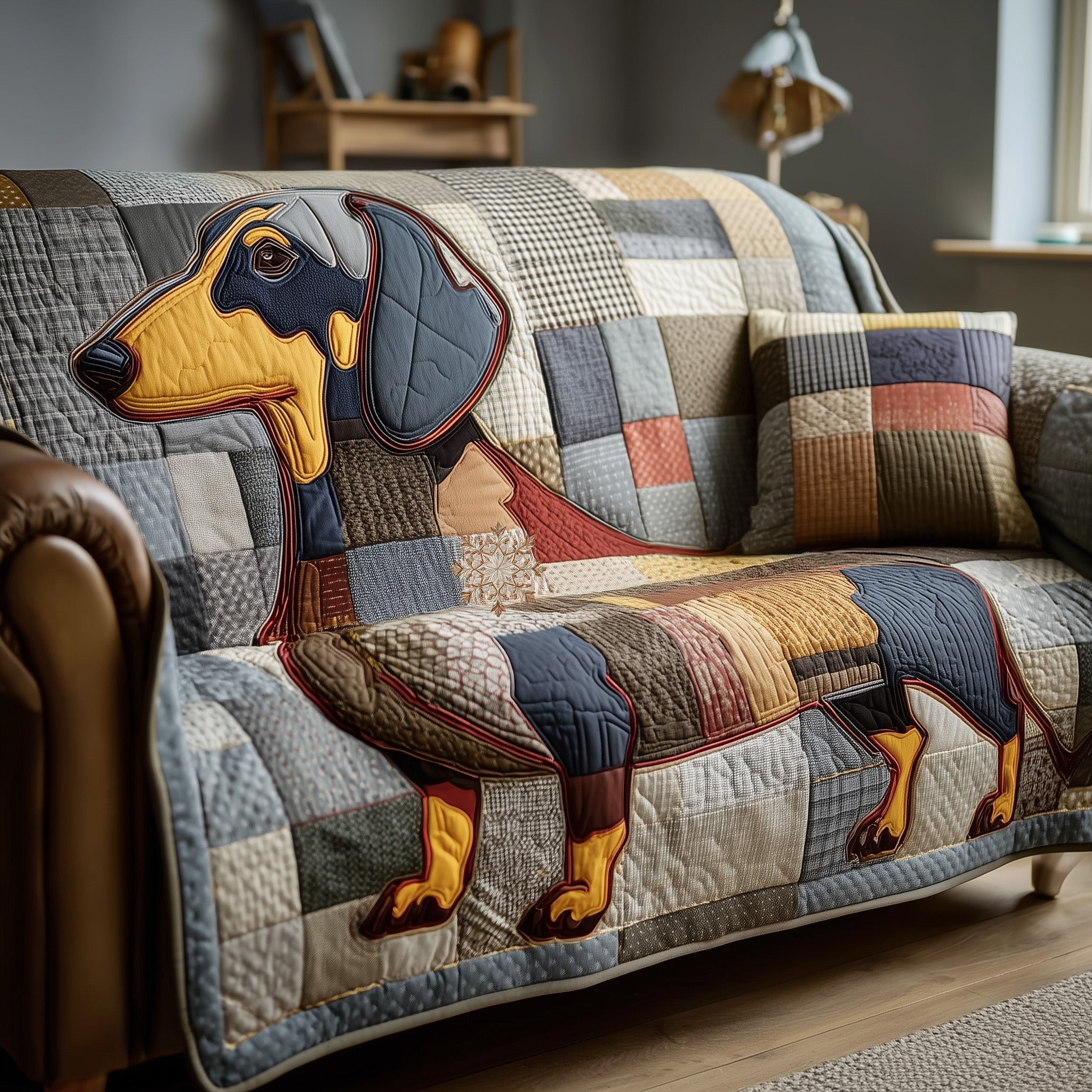 Dachshund on Grey Blue Plaid Sofa Cover
