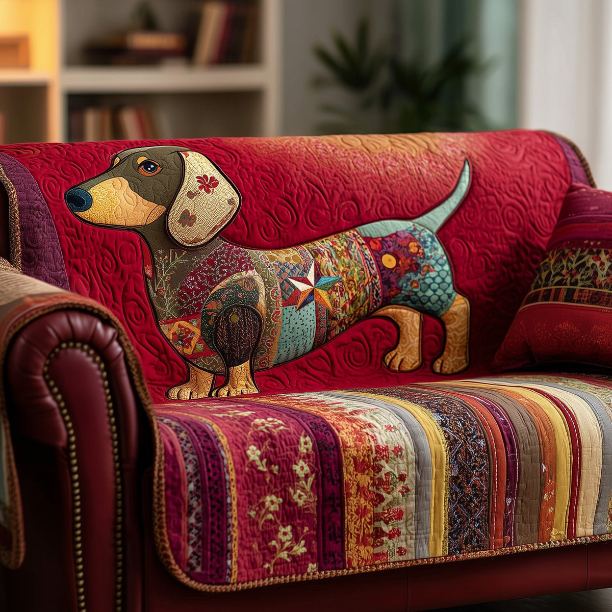 Dachshund with Star Collar on Red Sofa Cover