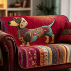 Dachshund with Star Collar on Red Sofa Cover