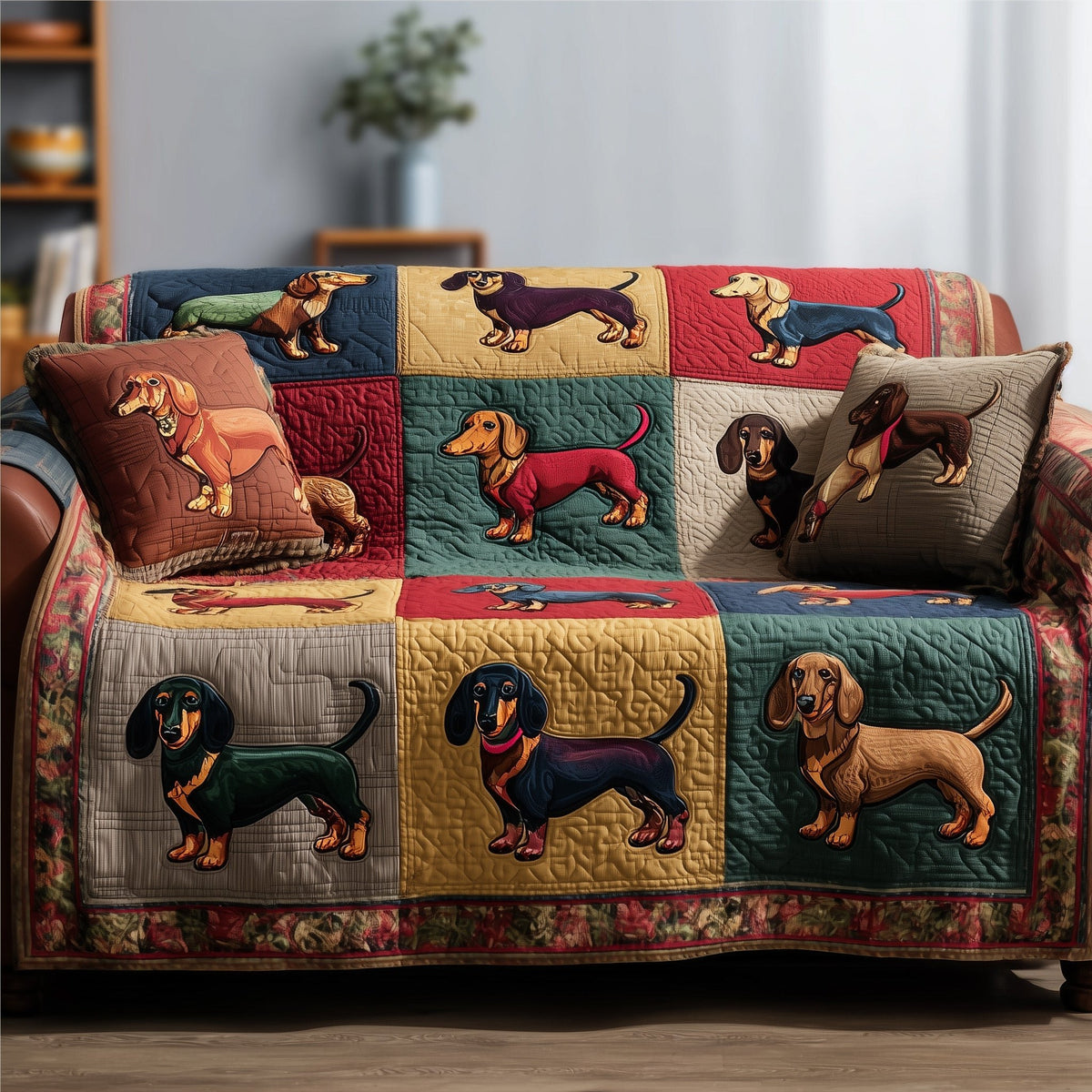 Dachshunds in Red and Gold Blocks Sofa Cover